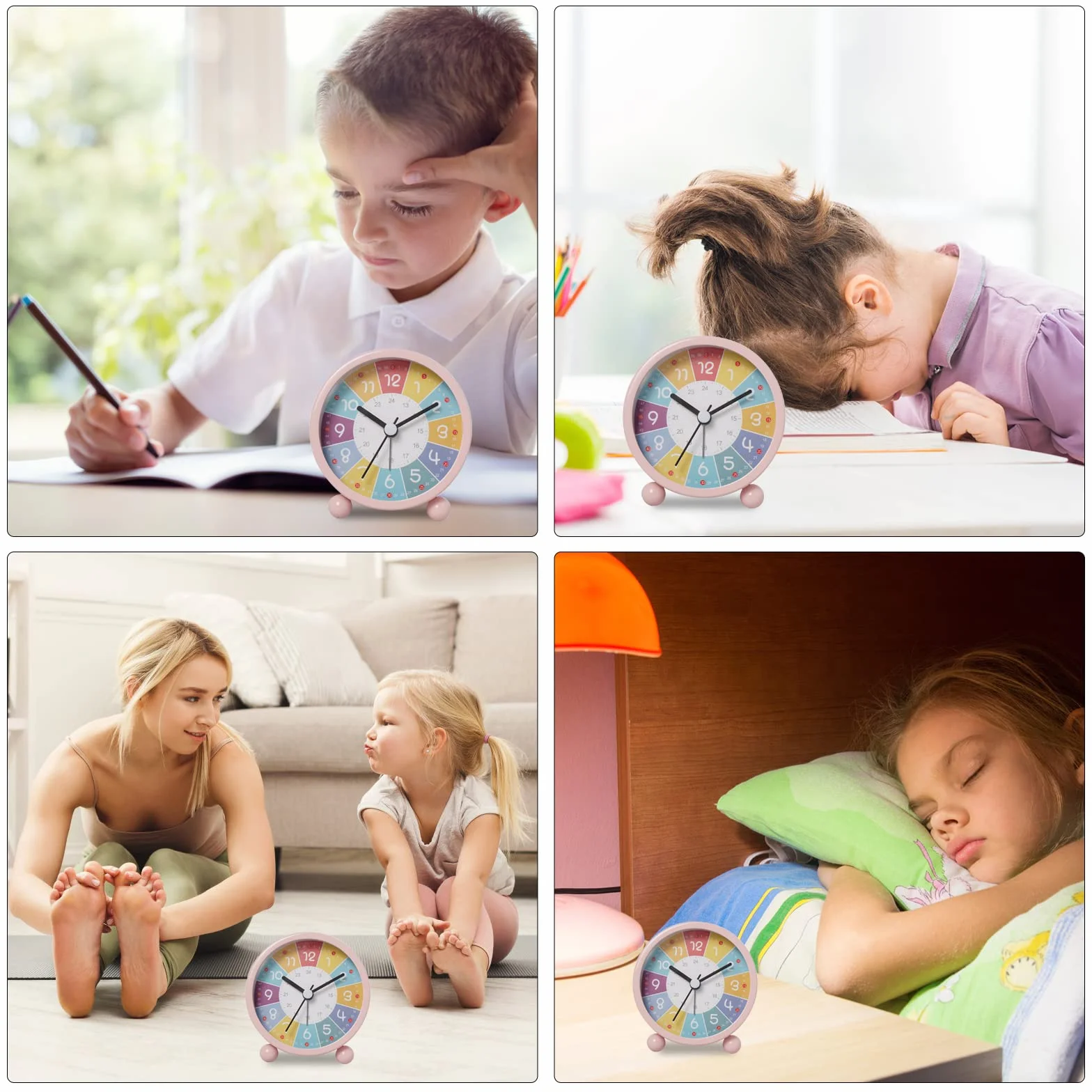 Réveil analogique enfant sans tic-tac éducatif horloge quartz alarme puissante veilleuse piles rose