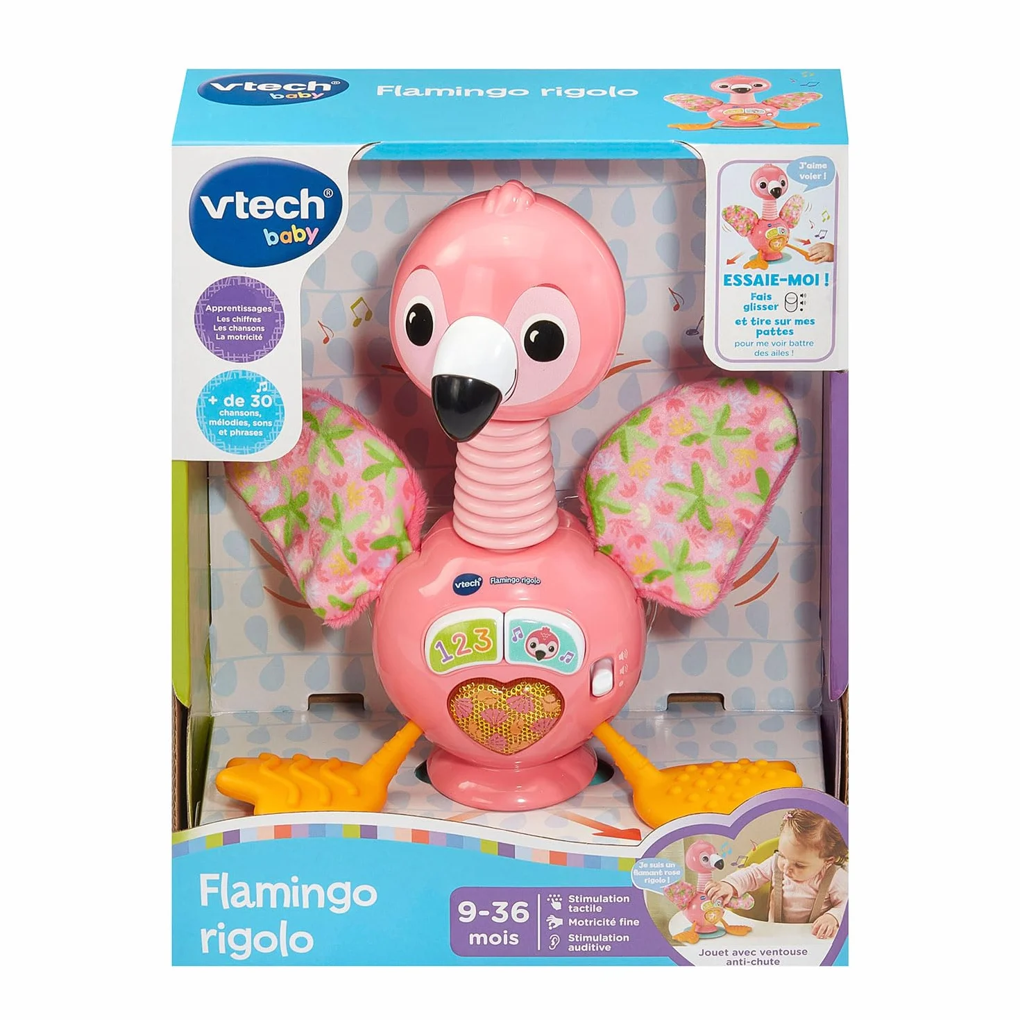 VTech Flamingo Rigolo Flamant Rose Jouet Ventouse Chaise Haute Jeux Sensoriel Bébé Motricité Fine Cadeau Dès 9 Mois