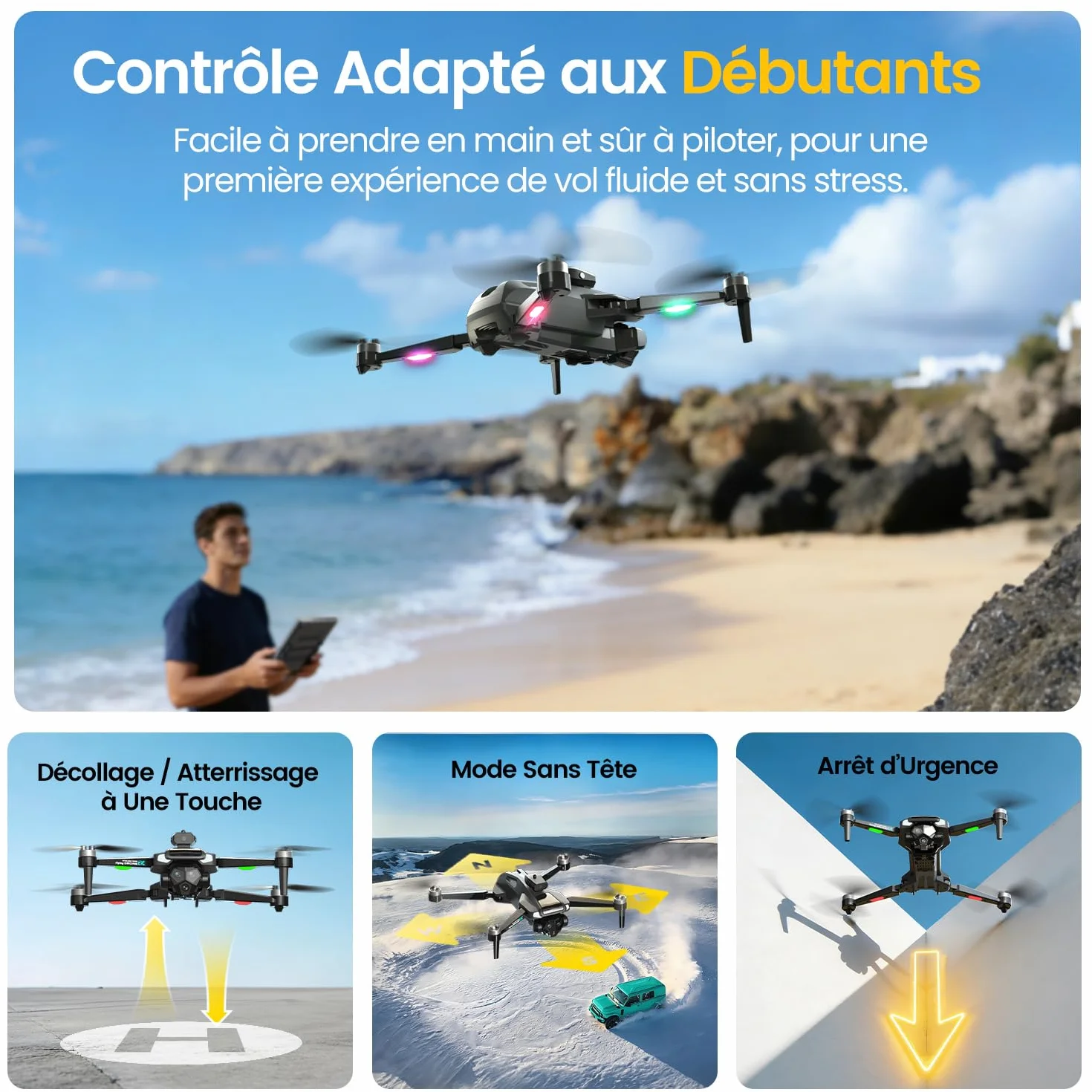 M66 Drone avec Radiocommande à Écran Pliable 4,3″, Caméra 1080p HD pour Débutants, Évitement d’Obstacles, Flux Optique, Moteur Brushless, 40 Min de Vol, Pilotage Facile