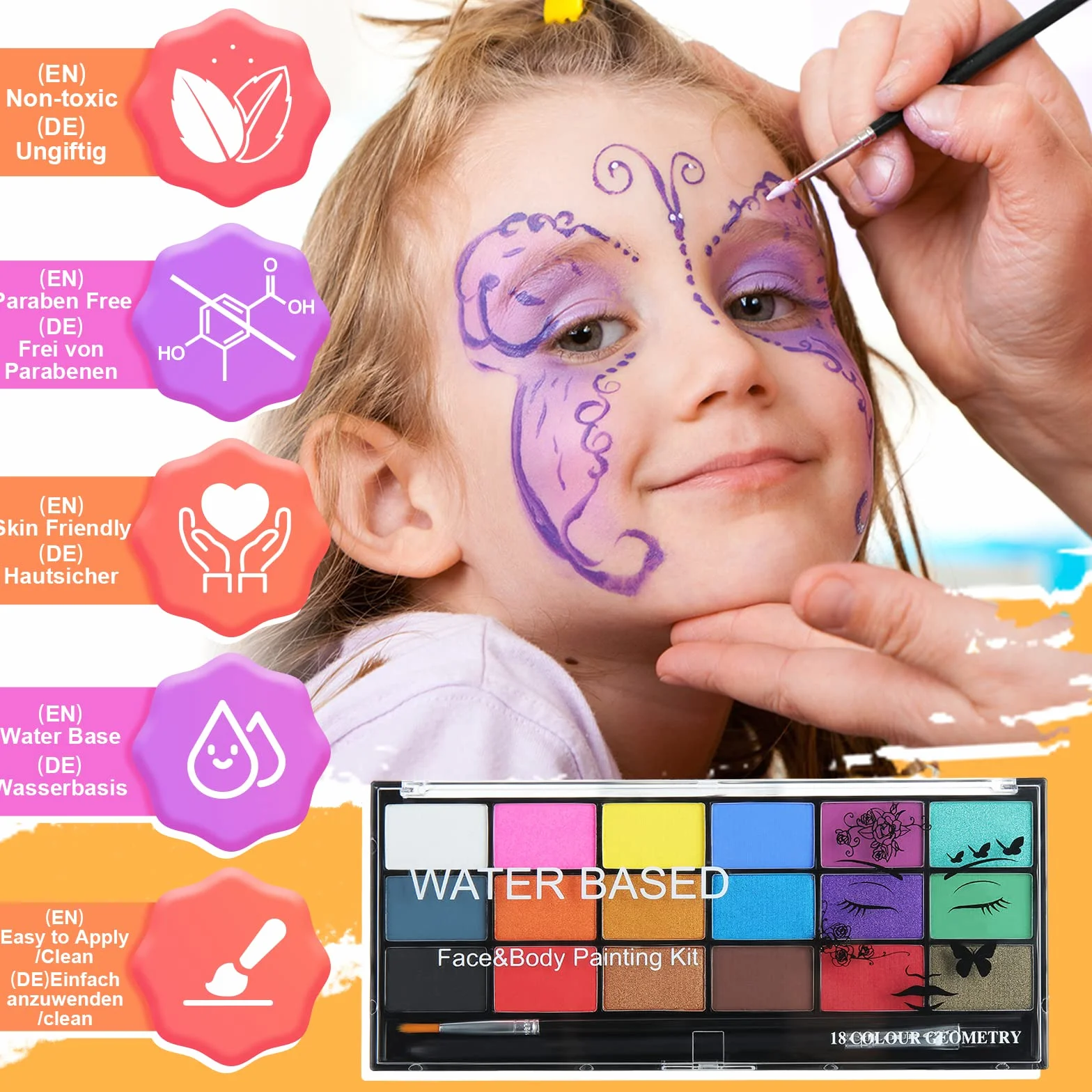 Janolia Palette Maquillage Enfant 18 Couleurs Peinture Visage avec 2 Pinceaux Kit Maquillage Carnaval Halloween