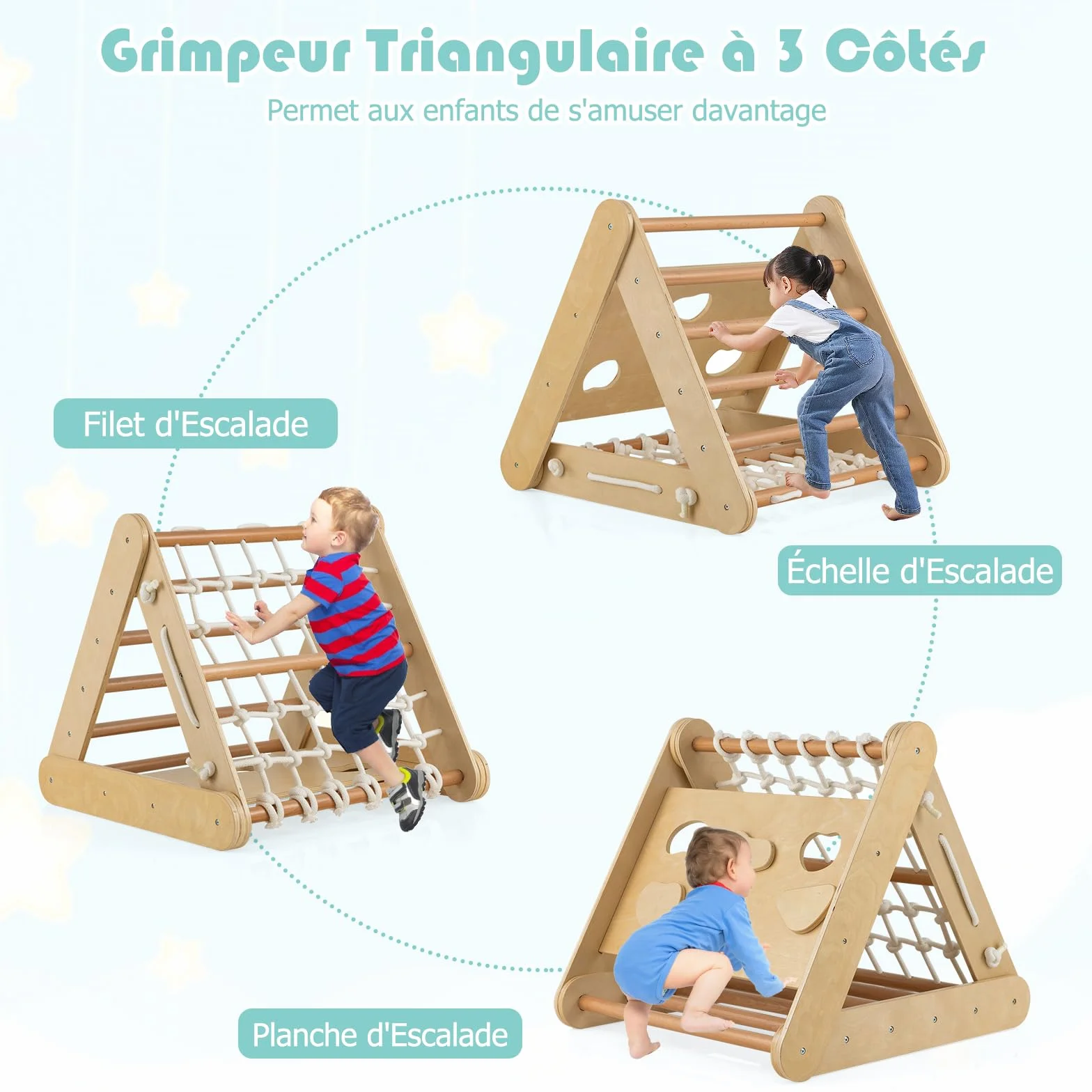 GOPLUS Triangle d'Escalade Montessori Enfants avec Filet à Grimper, Planche et Échelle, Toboggan, Charge 50KG, Aire de Jeux Intérieur pour Bébé 1 an+