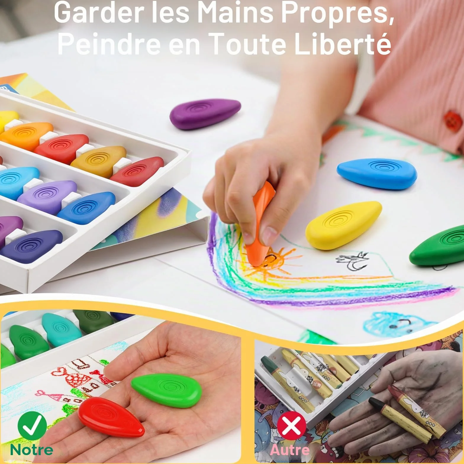 Four Candies Lot de 12 crayons à doigts non toxiques lavables forme goutte d'eau facile à saisir