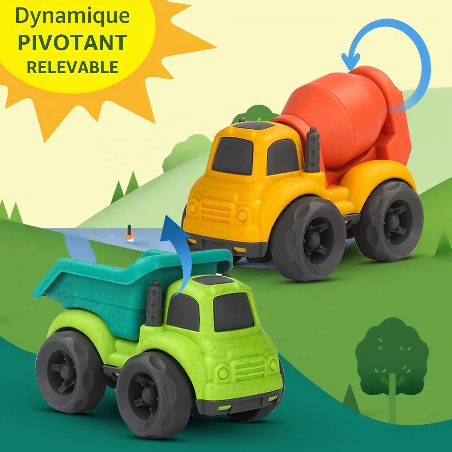 Petite Voiture Enfant 2 Pièces Mini Voiture Jouet Camion Plastique Biologique Voiture Enfant Garçons Filles Jouets Sable Véhicules Friction Vert 1 2 3 Ans