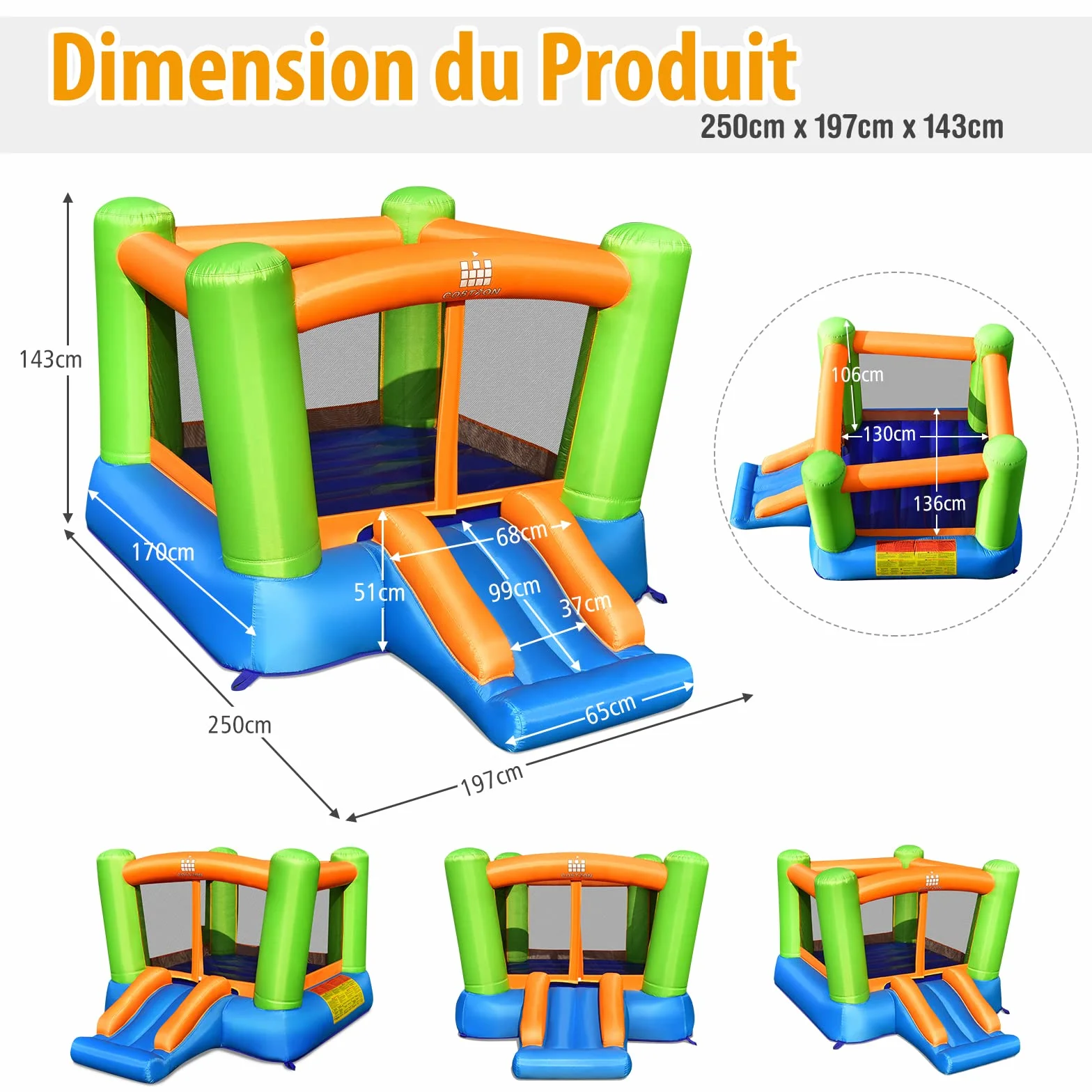 COSTWAY 2 en 1 Château Gonflable avec Toboggan, Aire de Jeux 250x197x143 cm