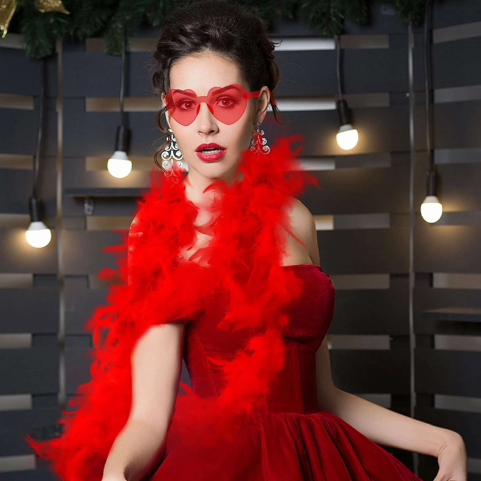 Lot de 2 boas en plumes artificielles avec lunettes en forme de cœur, décorations pour accessoires de danse - 2 m