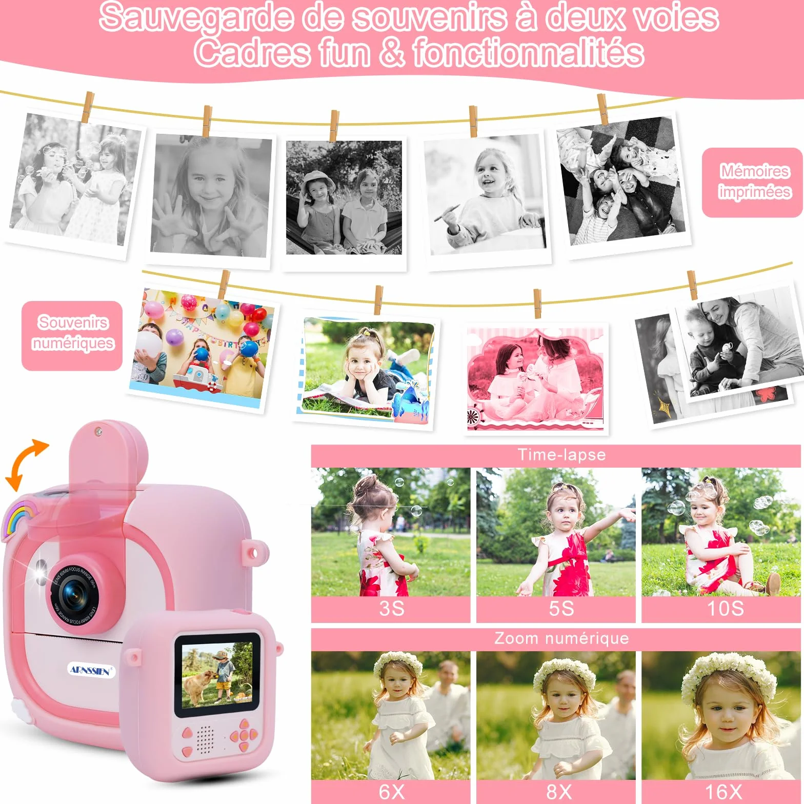 ARNSSIEN Appareil Photo Instantané Enfant avec Écran 2,4" & Objectif Rotatif 180°, Cadeau Noël Anniversaire Filles Garçons M2