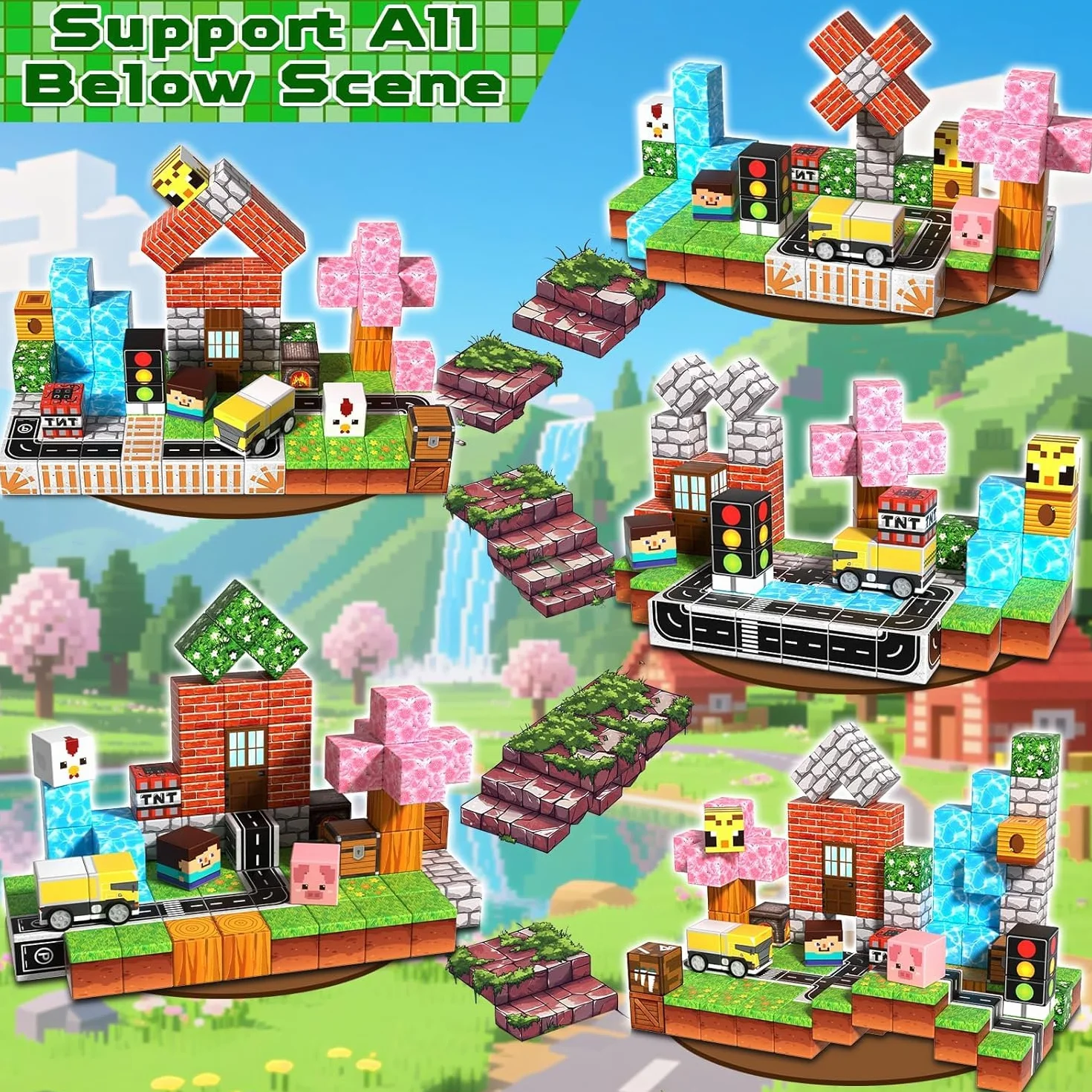 GraceDuck Bloc Construction Magnétique 100 Pièces Prairies et Routes Jouet Montessori Enfant 3-9 Ans