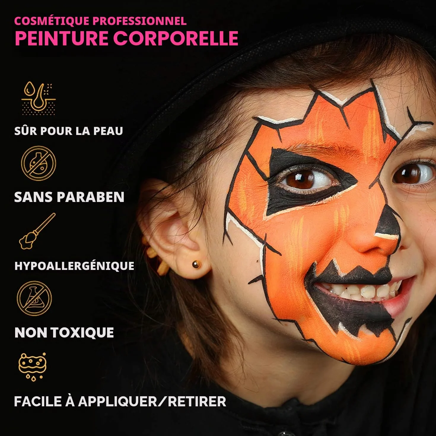 Kit Peinture Visage Enfant Maquillage Halloween 18 Peintures à l'Eau 28 Pochoirs