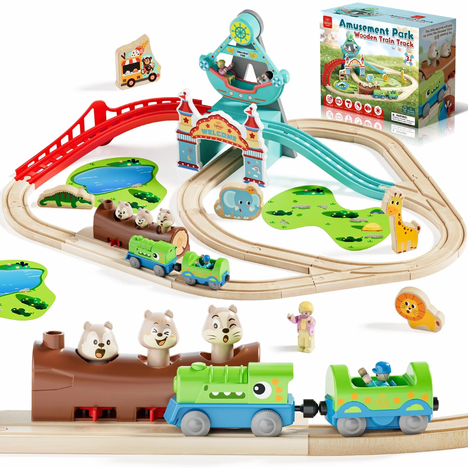 Lehoo Castle Train Électrique Enfant Bois Dinosaure Locomotive Cadeau Garçon Fille 3 Ans