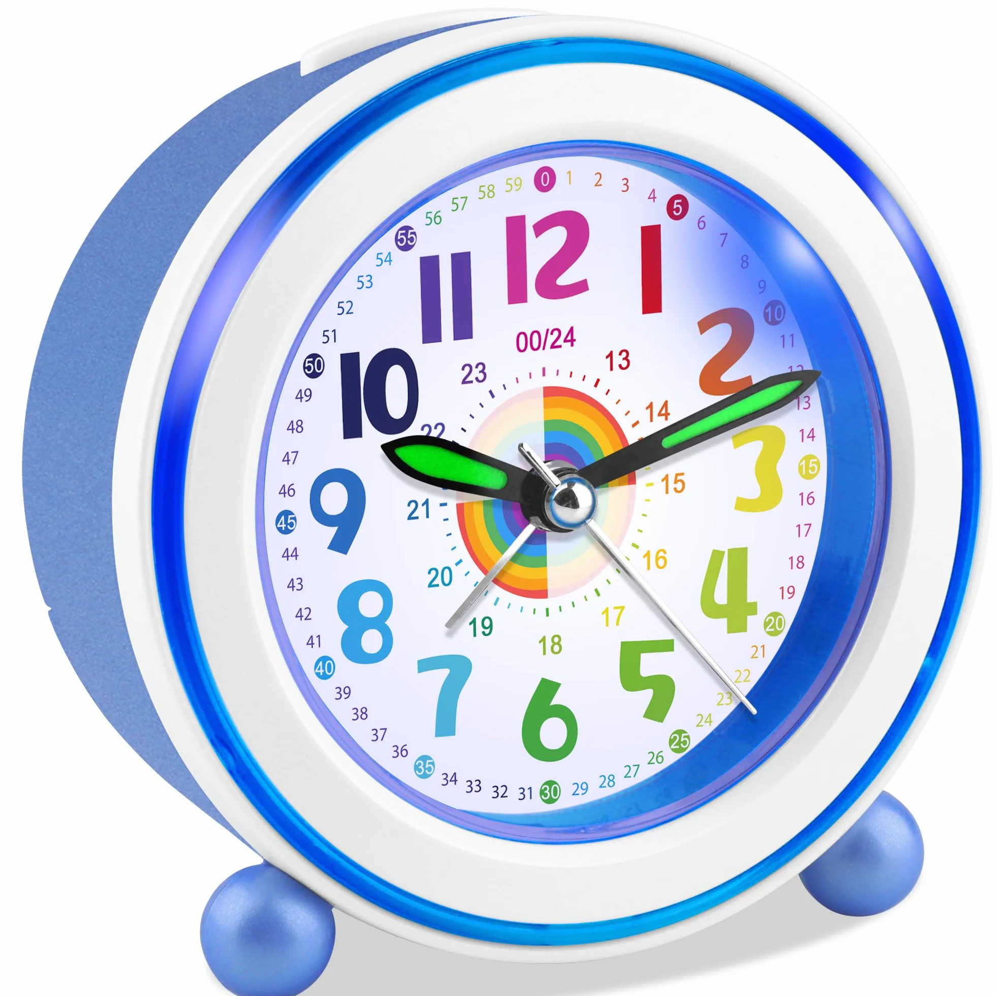 Réveil Enfant Fille Garçon, Horloge Analogique Pédagogique sans Tic-Tac avec Veilleuse et Snooze, Cadeau Chambre (Bleu Arc-en-Ciel)