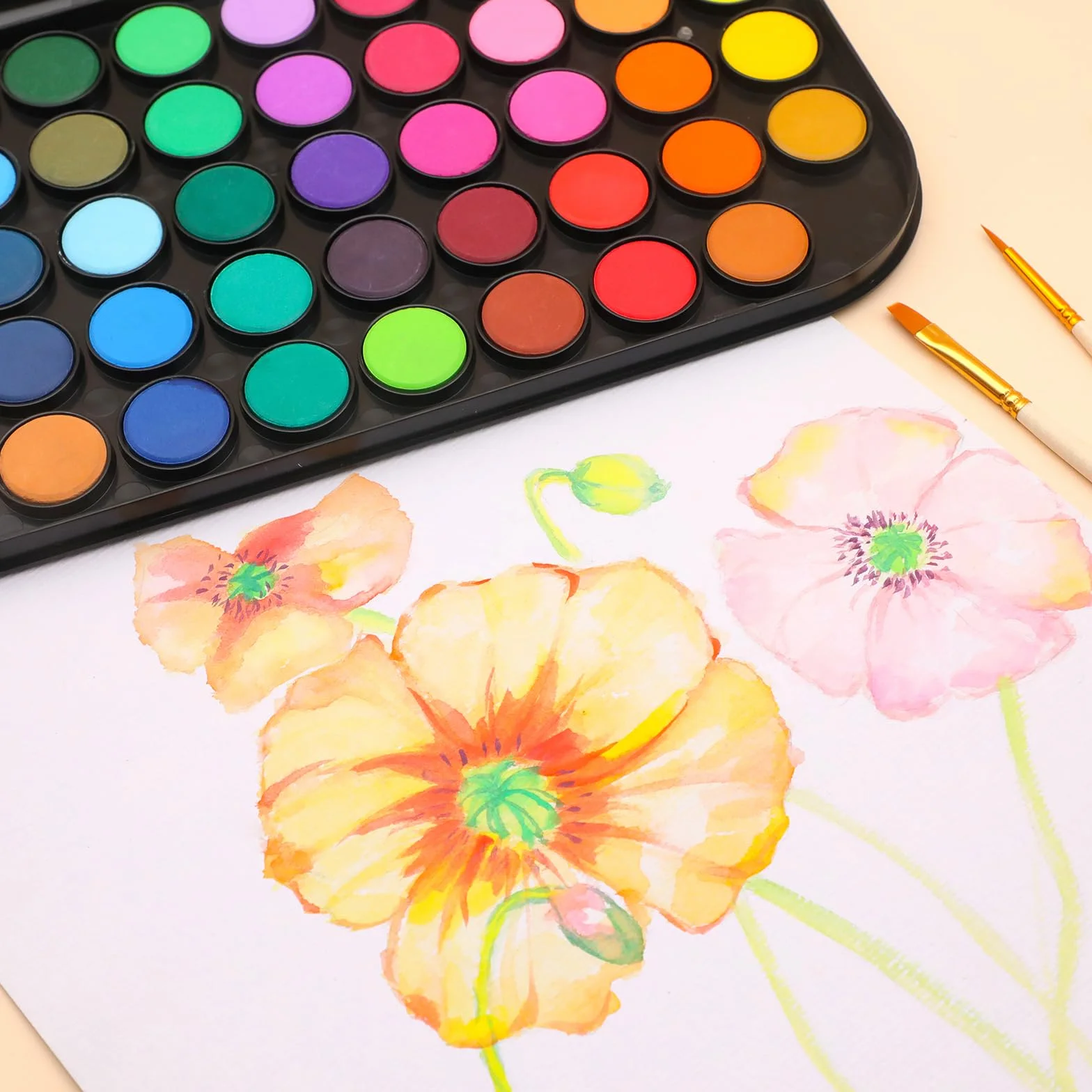 Artecho Ensemble de peinture aquarelle 48 couleurs avec pinceau à eau et pinceau classique