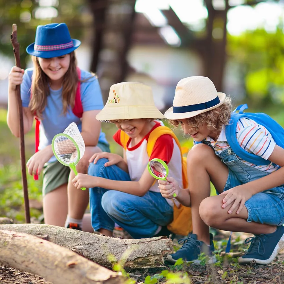 Kit de Exploration Enfant 4Pcs Aventurier Extérieur avec Gilet Safari Chapeau Filet à Papillon Loupe