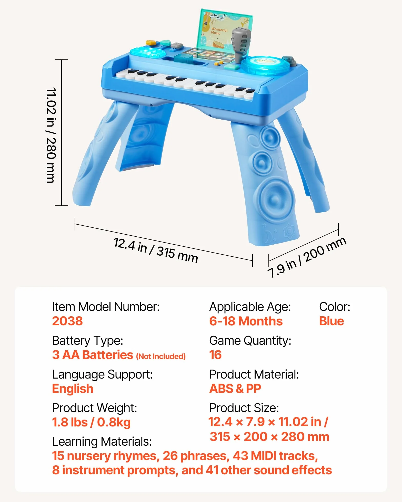 VEVOR Table Activité Bébé 6 Mois et Plus 16 Jeux Jouet Musical Éducatif avec Platine DJ Enregistrement et LED, 133 Sons