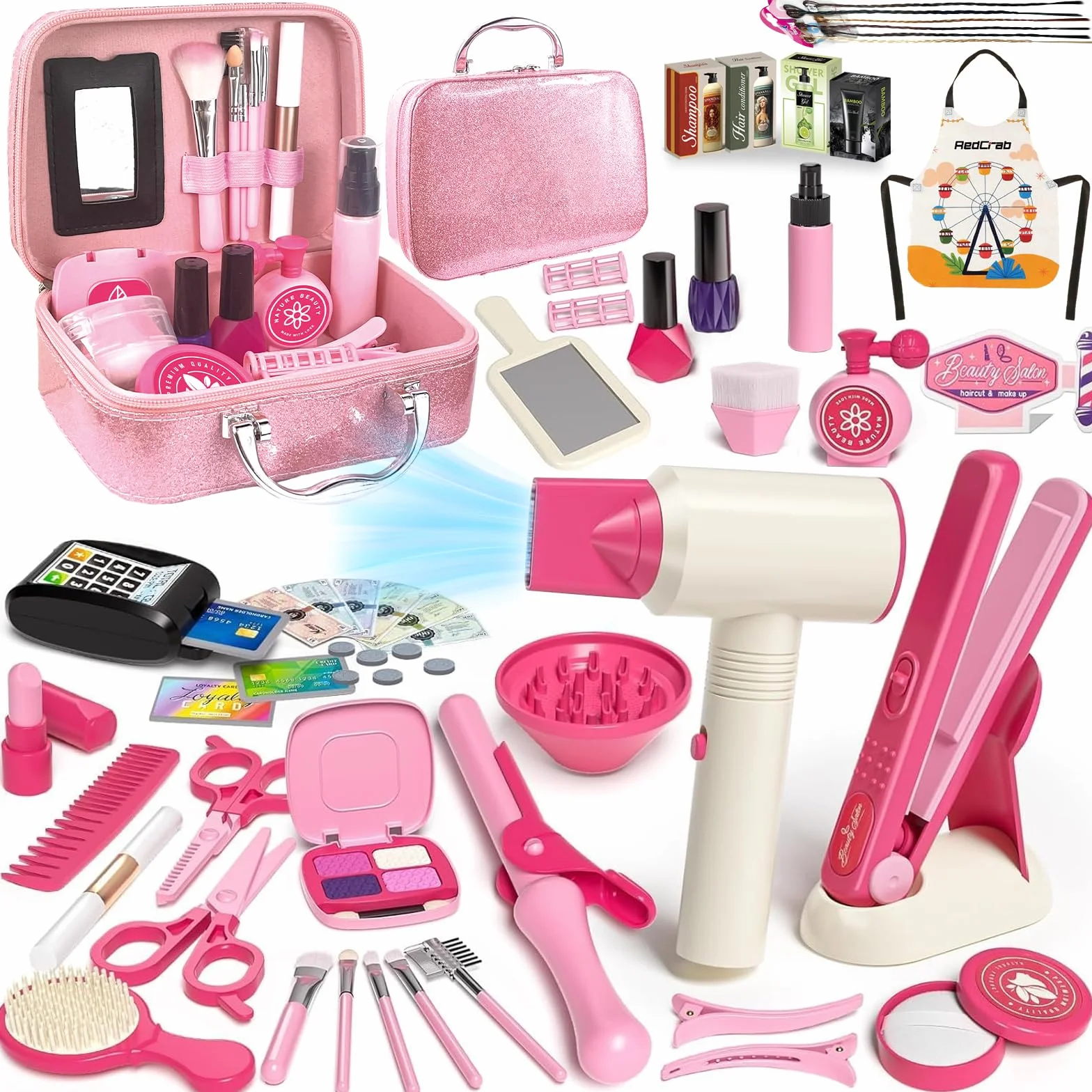 RedCrab Coiffeur et Trousse de Beauté pour Fille, 55 Pièces Jouets de Salon de Beauté avec Miroir, Seche-Cheveux, Lisseur Cheveux, Jeux de Rôle Enfants 3+