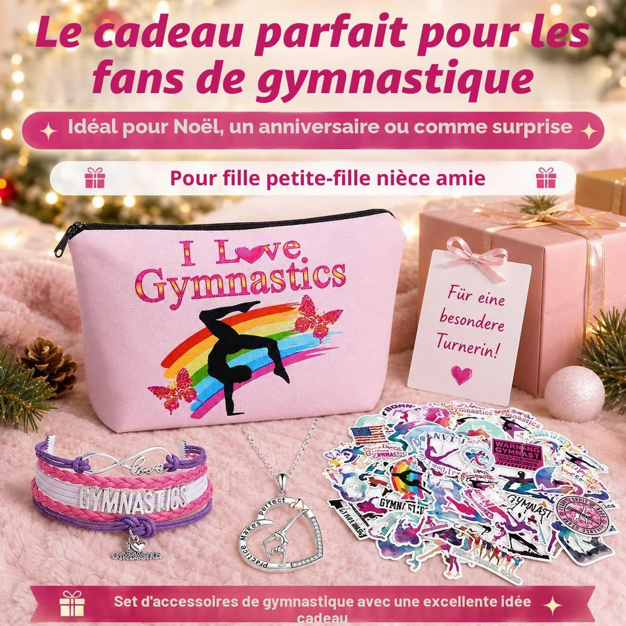 Ensemble d'accessoires de gymnastique pour fille – Bracelet, chaîne, trousse de maquillage et autocollant – Sac de gym