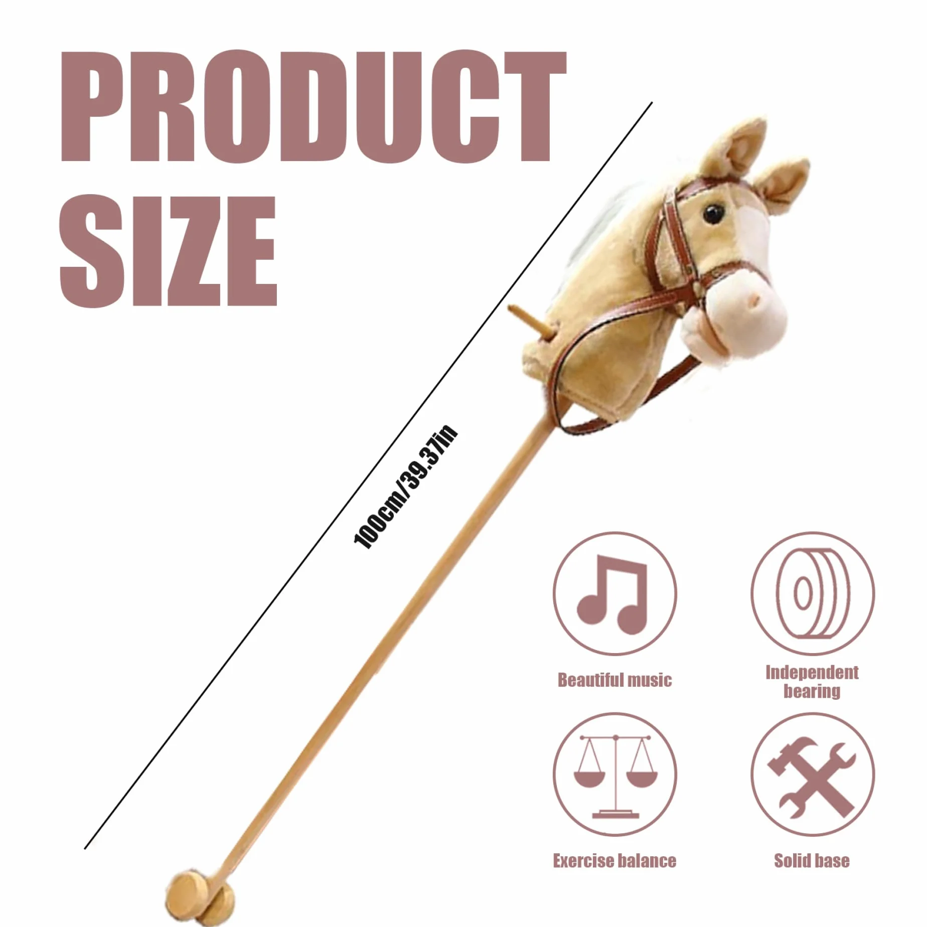 Cheval en bâton 99 cm avec effets sonores, peluche, roues, poteau en bois, jouet à monter pour enfants
