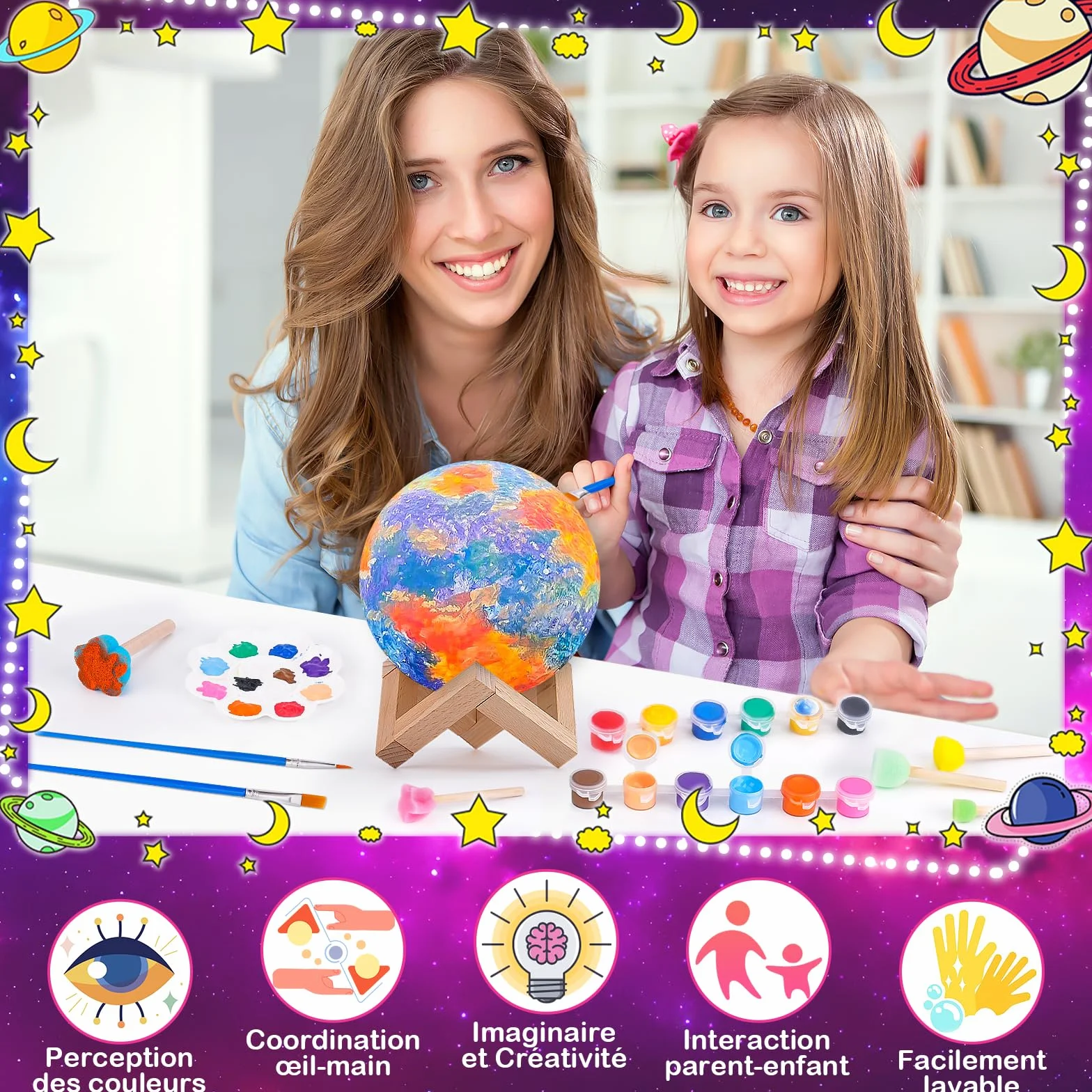 Kit de Peinture Lampe Lune Veilleuse Cadeau Anniversaire Fille Garcon 3-12 Ans