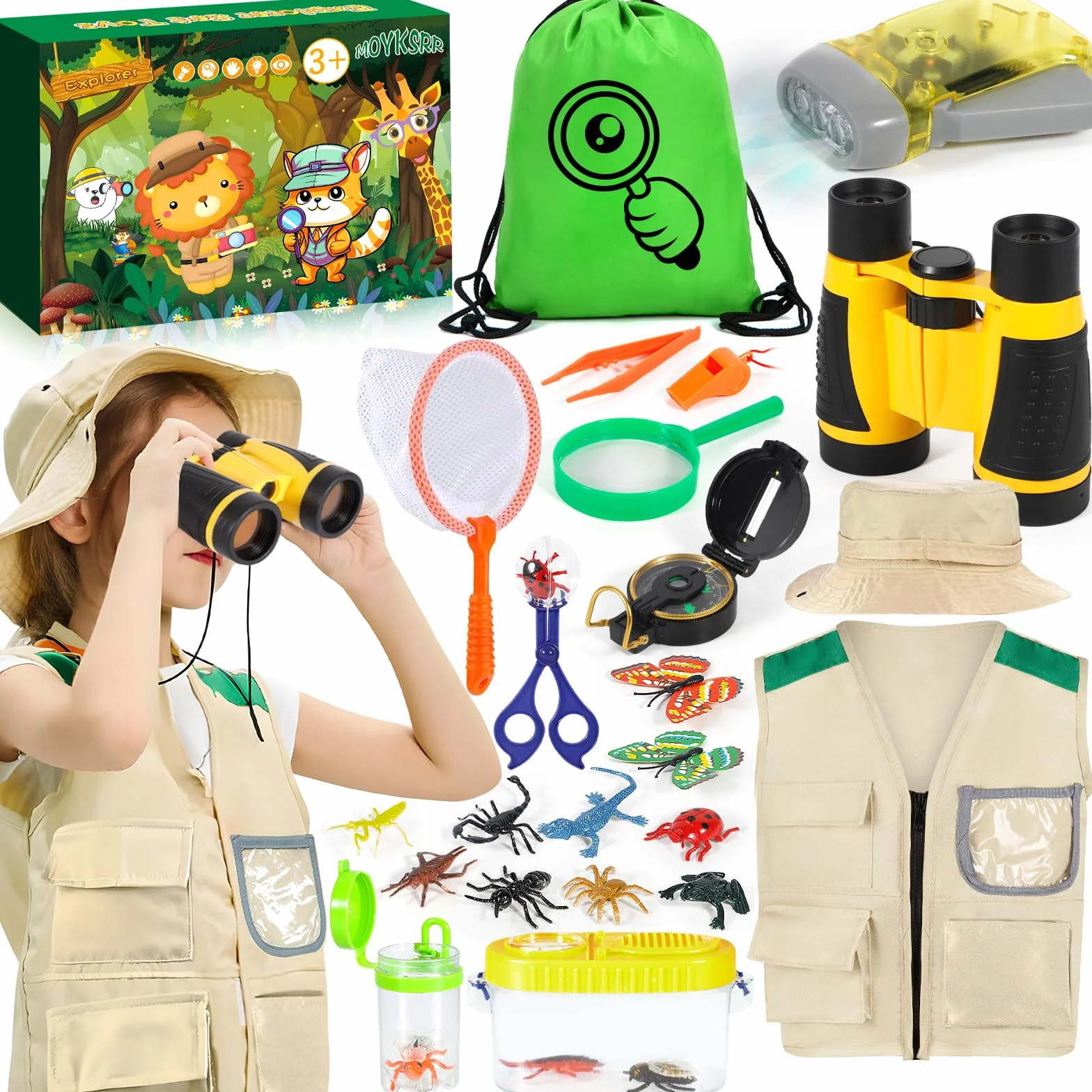 Kit d'exploration pour Enfants, Ensemble Explorateur Extérieur avec Jumelles, Gilet Safari, Chapeau et Loupe