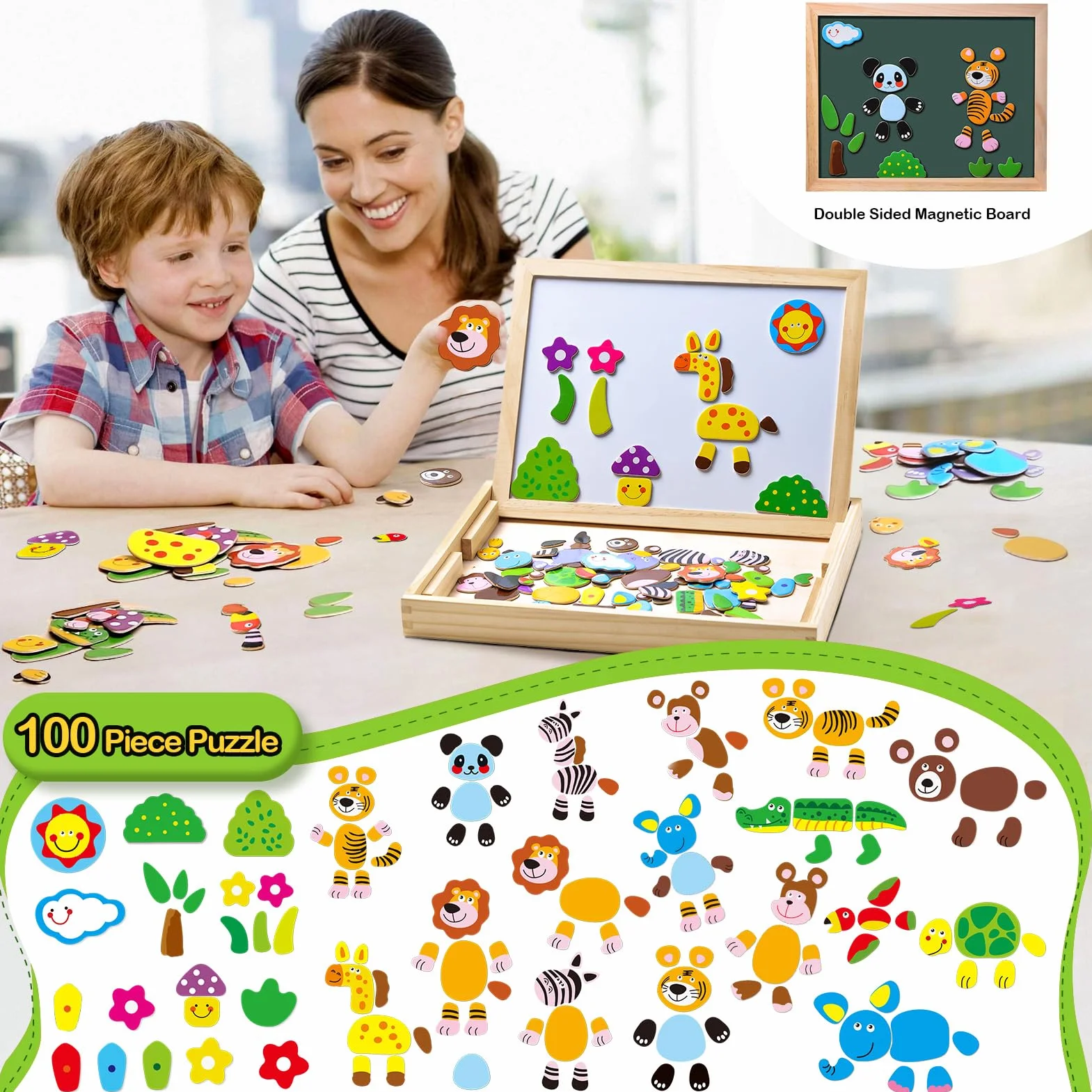 Magnetyczne Puzzle Drewniane 100 Elementów, Tablica Dwustronna Magnetyczna, Zabawka Edukacyjna dla Dzieci od 3 Lat