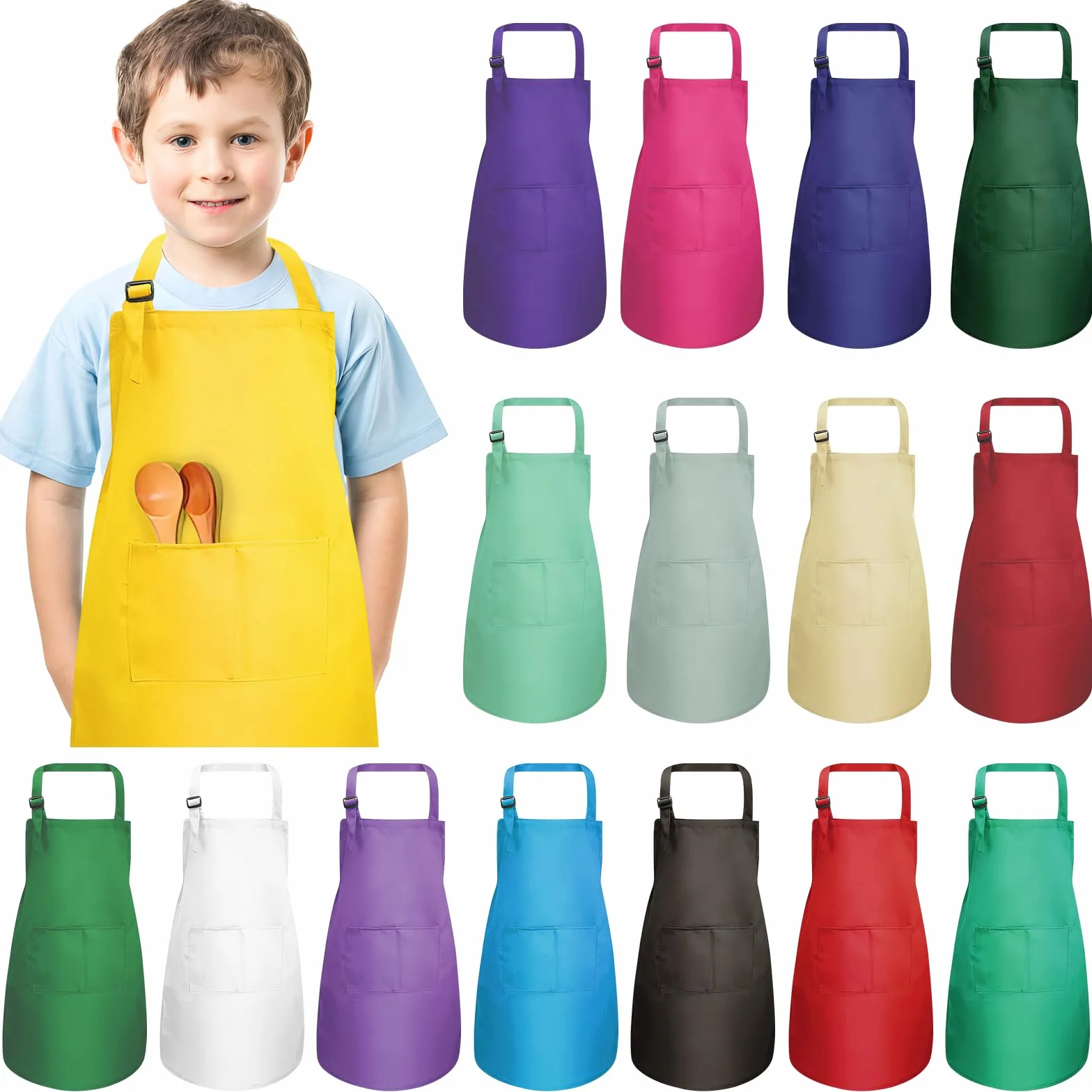 Lot de 16 Tabliers Enfant Réglables avec 2 Poches - Tablier de Peinture et Cuisine pour Filles et Garçons - 7-13 Ans