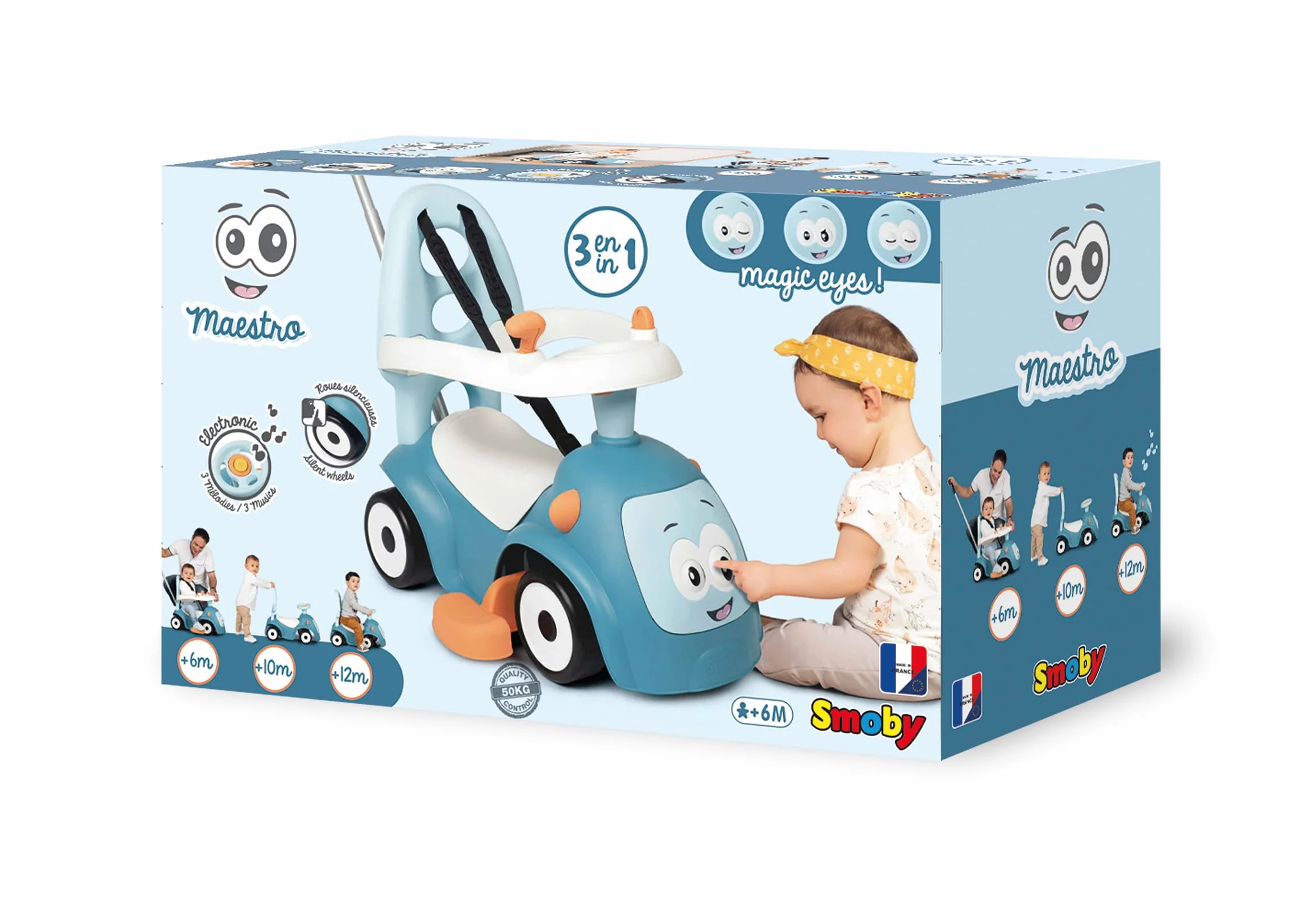 Smoby Porteur Maestro Balade Bleu 3 en 1 Evolutif Canne parentale Réglable Arceau Sécurité Roues Silencieuses Klaxon Electronique