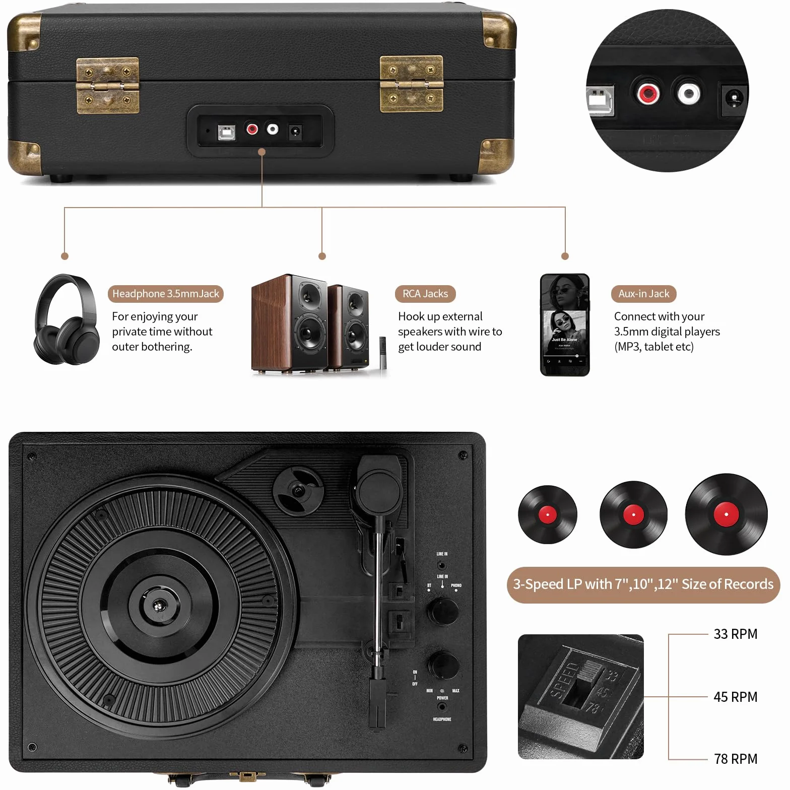 Mersoco Tourne-Disque Bluetooth Portable Vintage, Platine 3 Vitesses 33/45/78 TR/Min, Conversion USB vers MP3, Noir