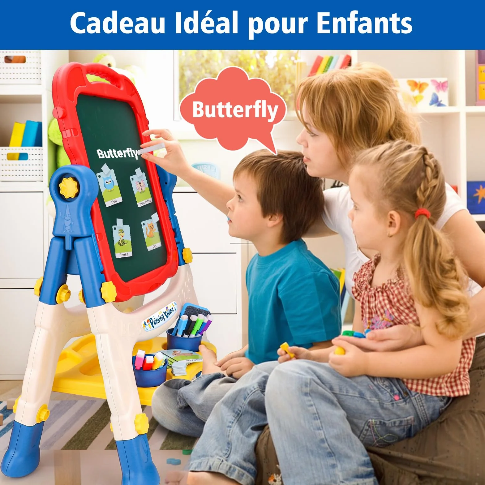 Tableau Enfant Double Face 4 en 1 avec Hauteur Réglable & Rotation 360° Tableau Blanc Noir Magnétique Chevalet Peinture pour Enfants 2-5 Ans (Rouge)