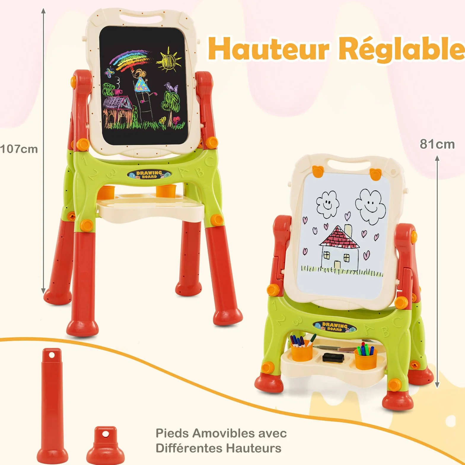 COSTWAY Tableau Enfant Double Face Chevalet avec Hauteur Réglable, Plateau Rangement 2 Pots, Pivotant 360° 3 Ans+ Orange
