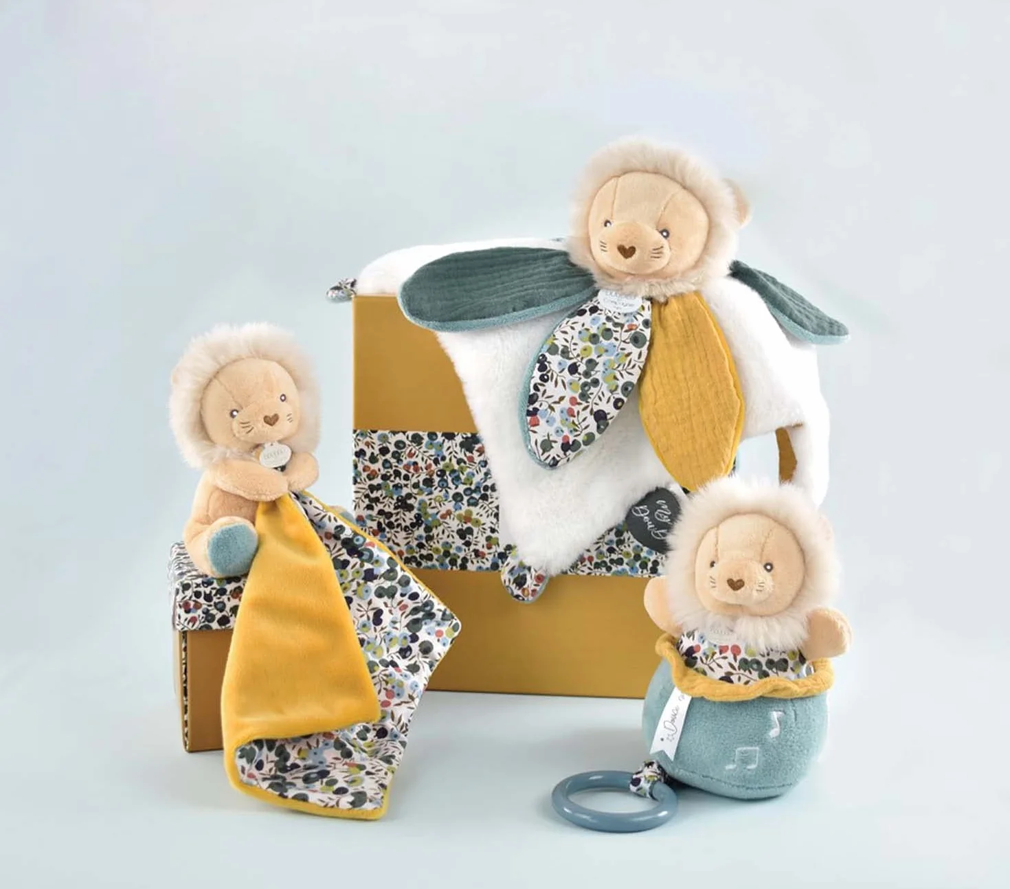 DOUDOU ET COMPAGNIE Doudou Lion Jaune Pétales Boîte Cadeau 27 Cm Collection Boh'aime Idée Cadeau Naissance Fille Garçon