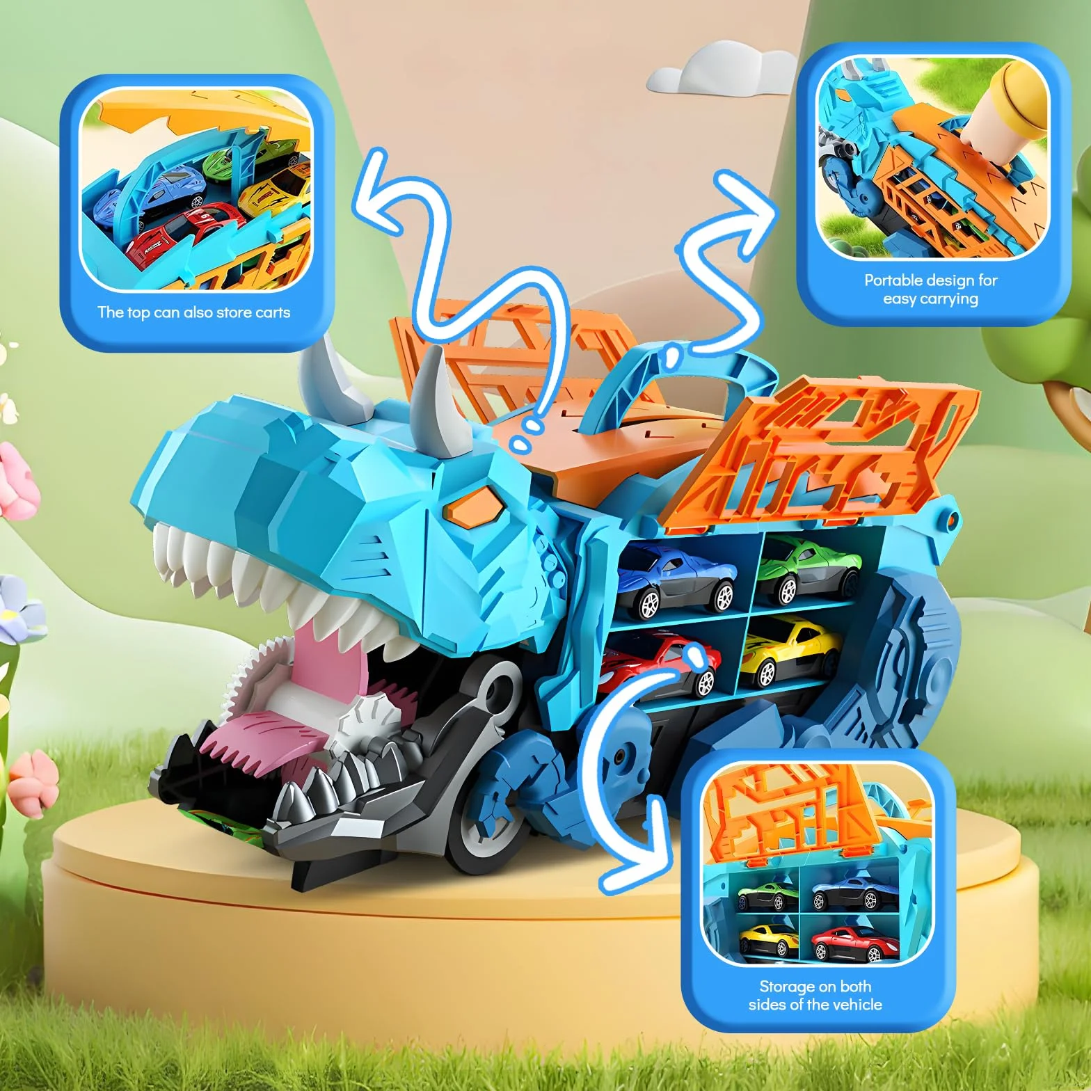 Pardofelis Camion Transporteur Voiture Dinosaure Jouet Portable avec Piste de Course Éjectable 10 Mini Voitures pour Enfants 3-6 Ans Garçons Cadeau