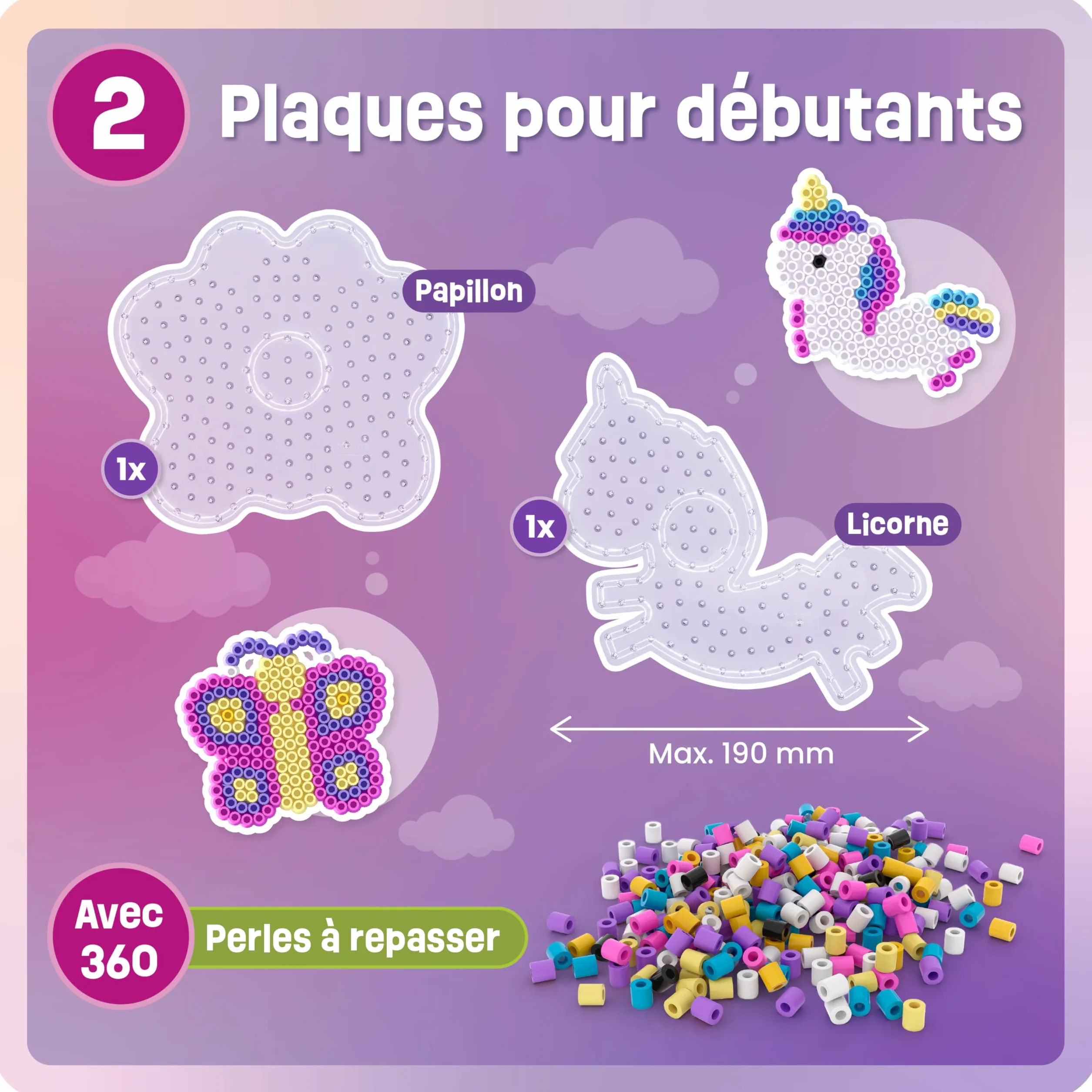 Smowo Kit de Perles à Repasser 10 mm avec Plaques Licorne et Papillon - Kit Créatif Grandes Plaques Maxi