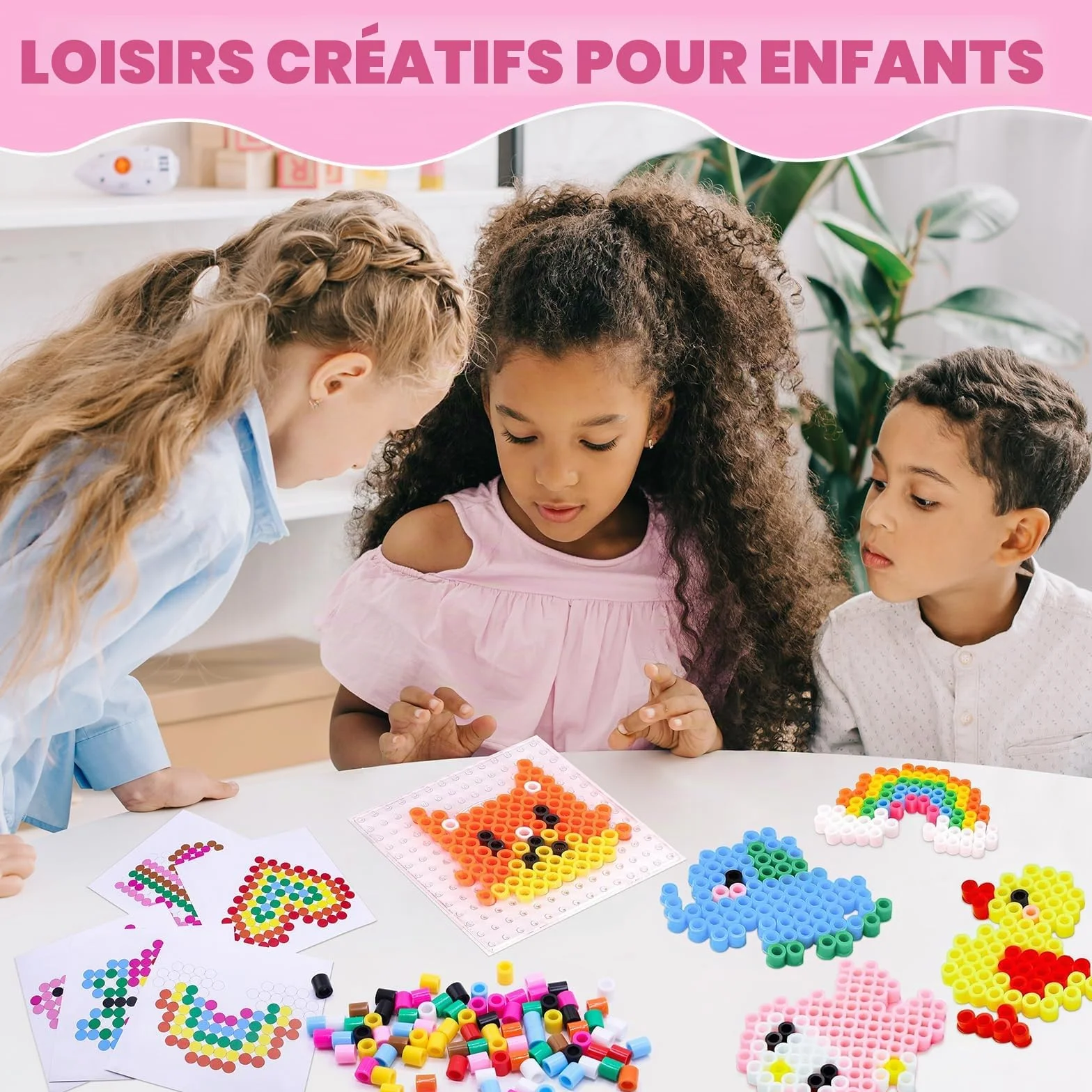 Perles à Repasser 10 mm Lot de 1200 avec Plaque Carrée et Motifs Créatifs pour Enfants