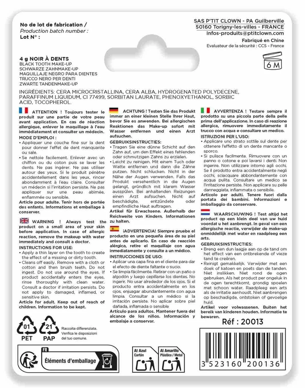 P'TIT Clown Maquillage de Déguisement Noir à Dents 4g Carnaval Halloween Cosplay