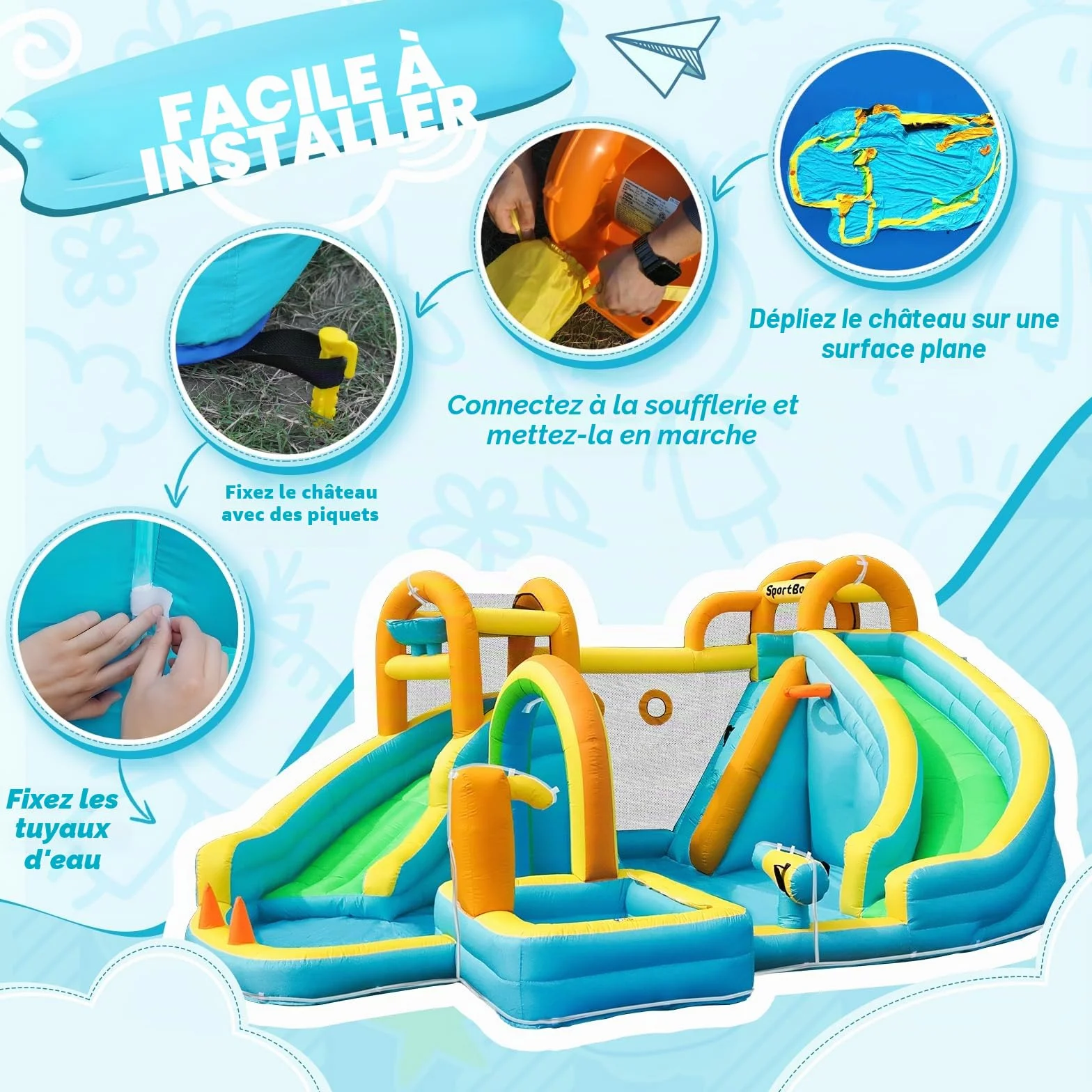 Chateau Gonflable avec Toboggan Double, Aire de Jeux Gonflable pour Enfants, Parc Aquatique avec Piscine d'Éclaboussures