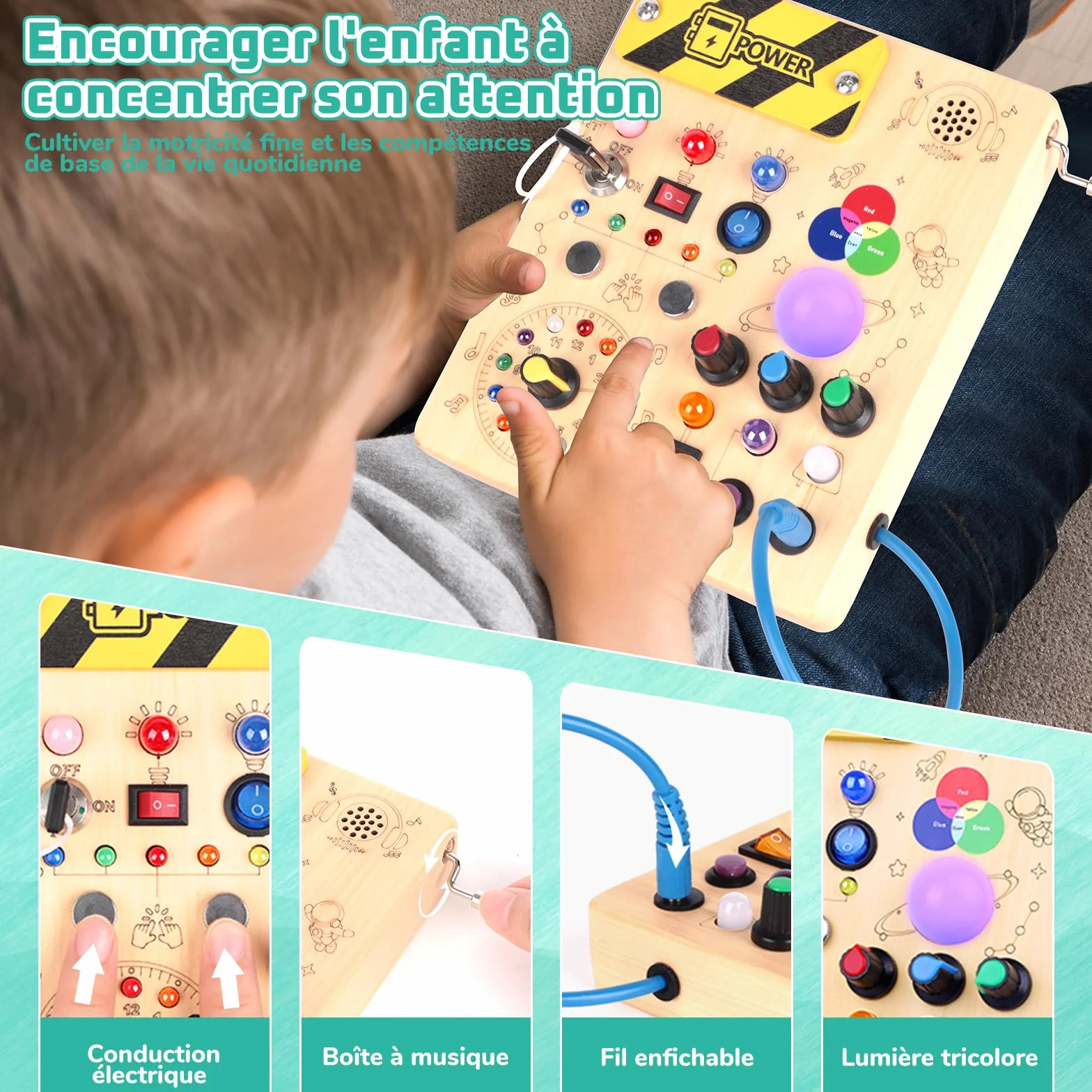 Montessori Busy Board 1 an Enfants Activity Board Jouets en Bois avec 12 Interrupteurs 24 Lumières LED Sensory Learning Toys Jeu Montessori Jouet Enfant Bebe 1 2 3 Ans Cadeau