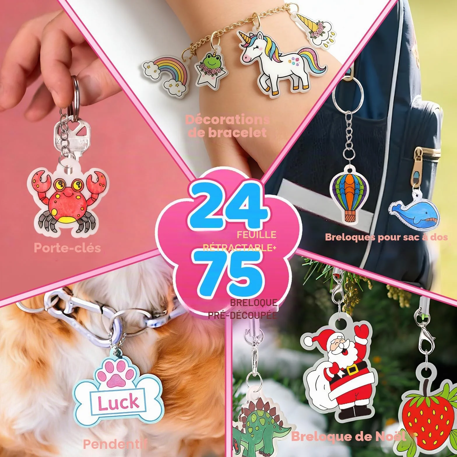 Kit de Porte-Clés en Papier Rétractable 201 Pièces, 24 Feuilles Transparent, 12 Feuilles Prédécoupées 75 Motifs, avec Perforatrice et Porte-Clés