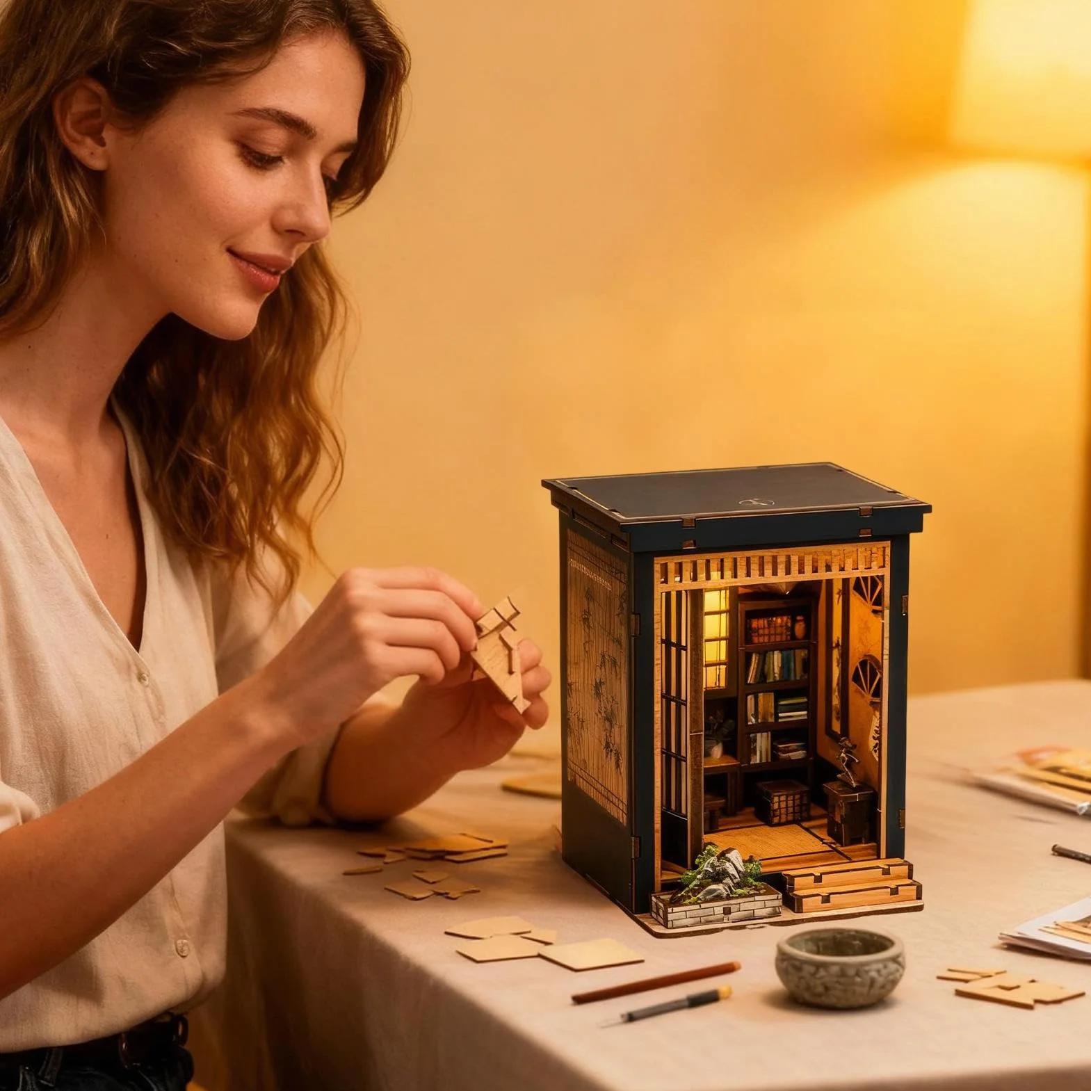 Kit de construction de mini maison japonaise - Projet en bois, modèle de maison de bibliothèque artistique, architecture miniature série à thème