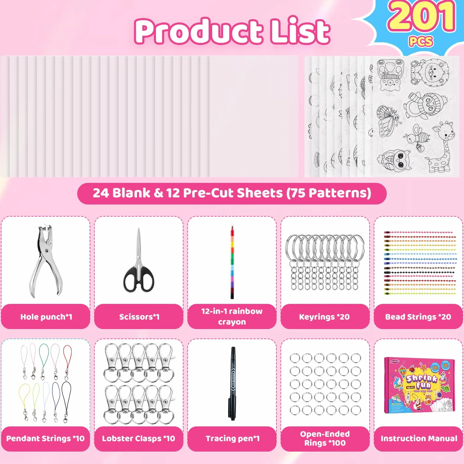 Kit de Porte-Clés en Papier Rétractable 201 Pièces, 24 Feuilles Transparent, 12 Feuilles Prédécoupées 75 Motifs, avec Perforatrice et Porte-Clés