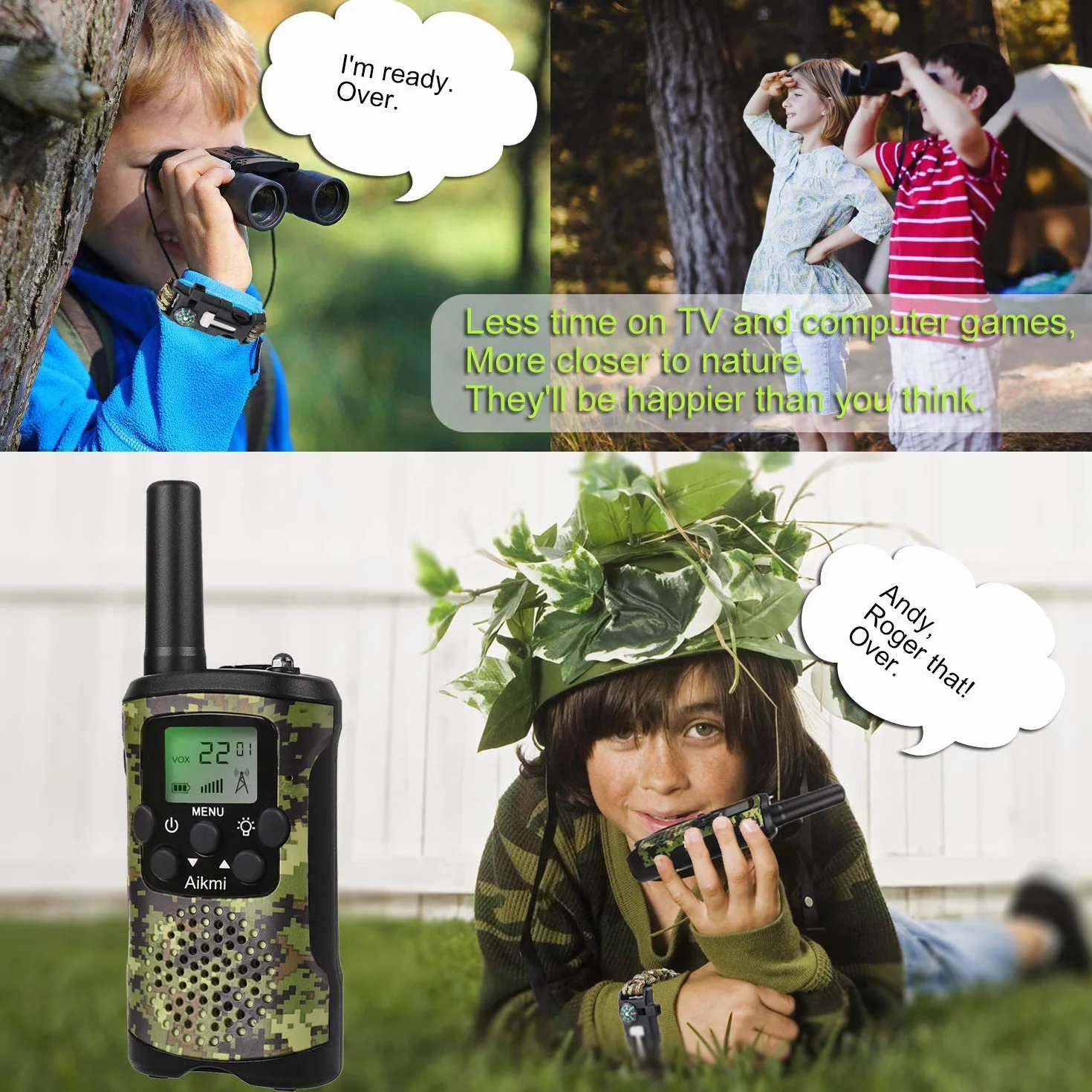 Talkie Walkie Enfants 8 Canaux Radio Bidirectionnelle avec LCD Lampe pour Aventure Camping Jouet Exterieur 4-12 Ans