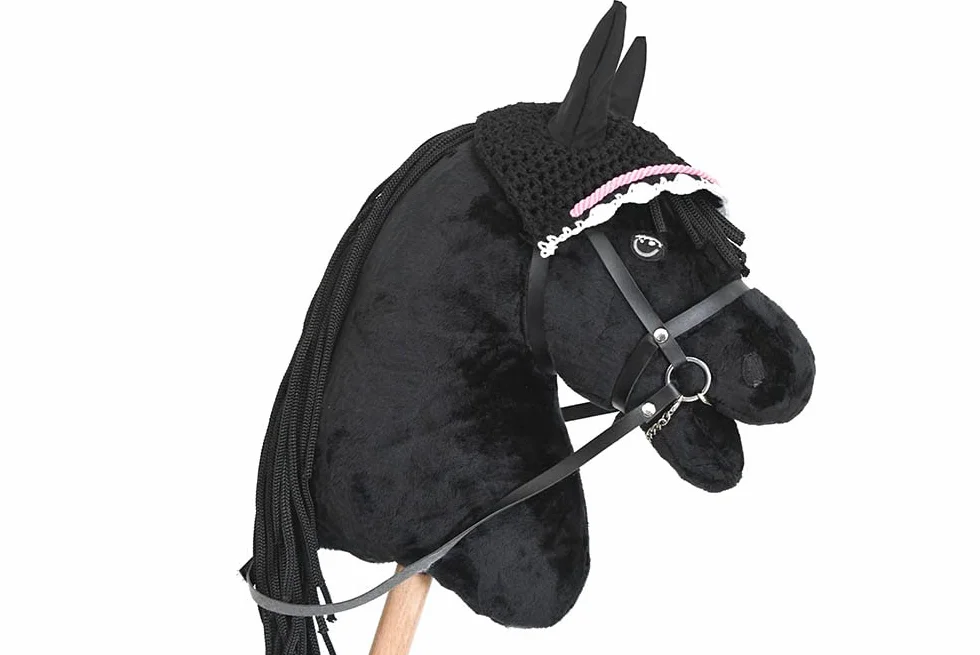 Ensemble d'accessoires Noir et Rose pour Hobby Horse et Cheval bâton : Licol moumoute avec Longe, Couverture, Bonnet Anti-Mouches
