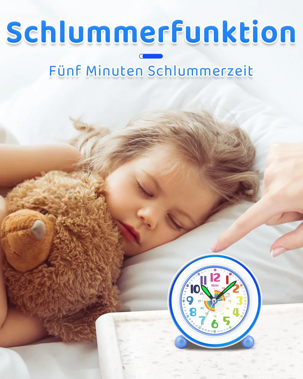 Réveil Enfant Fille Garçon, Horloge Analogique Pédagogique sans Tic-Tac avec Veilleuse et Snooze, Cadeau Chambre (Bleu Arc-en-Ciel)