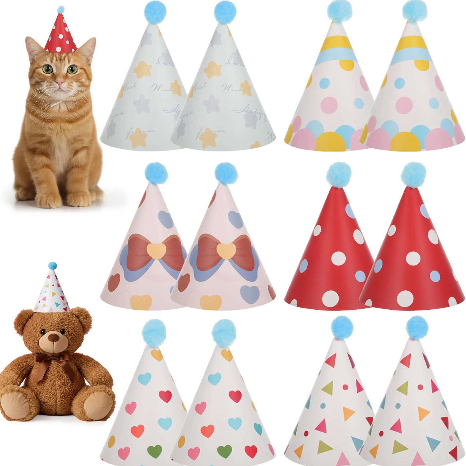 Chapeaux de fête pour animaux en peluche, lot de 12, 6 styles avec pompons, chapeau conique en papier pour chats chiens chatons lapins