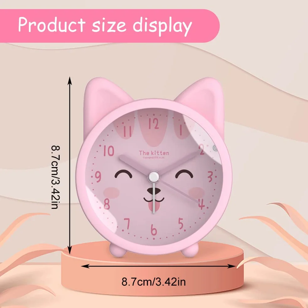 Roadtime Joli réveil-matin animalier pour enfants, horloge lapin/chat/cerf, réveil de bureau silencieux avec rétroéclairage (chat, rose)