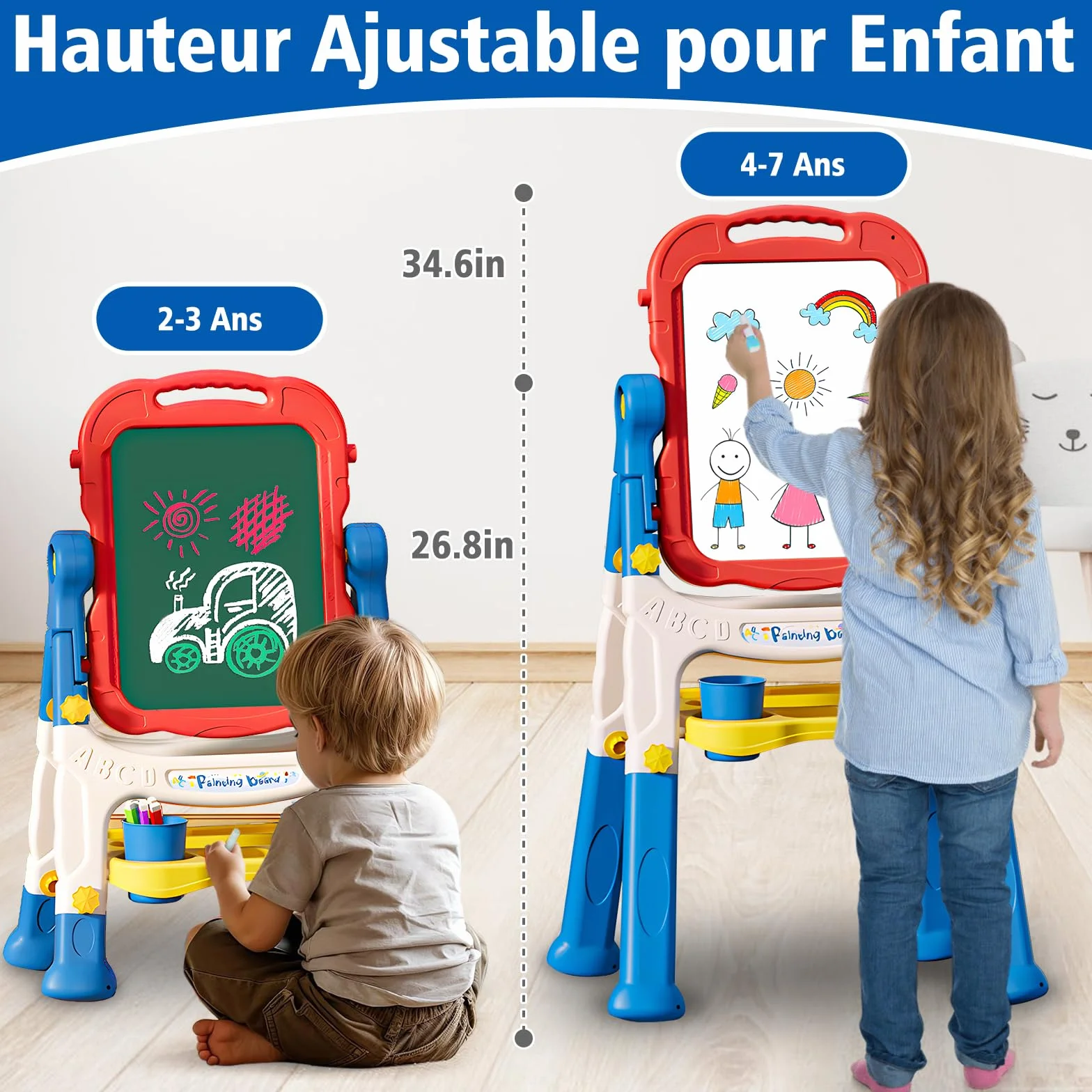 Tableau Enfant Double Face 4 en 1 avec Hauteur Réglable & Rotation 360° Tableau Blanc Noir Magnétique Chevalet Peinture pour Enfants 2-5 Ans (Rouge)