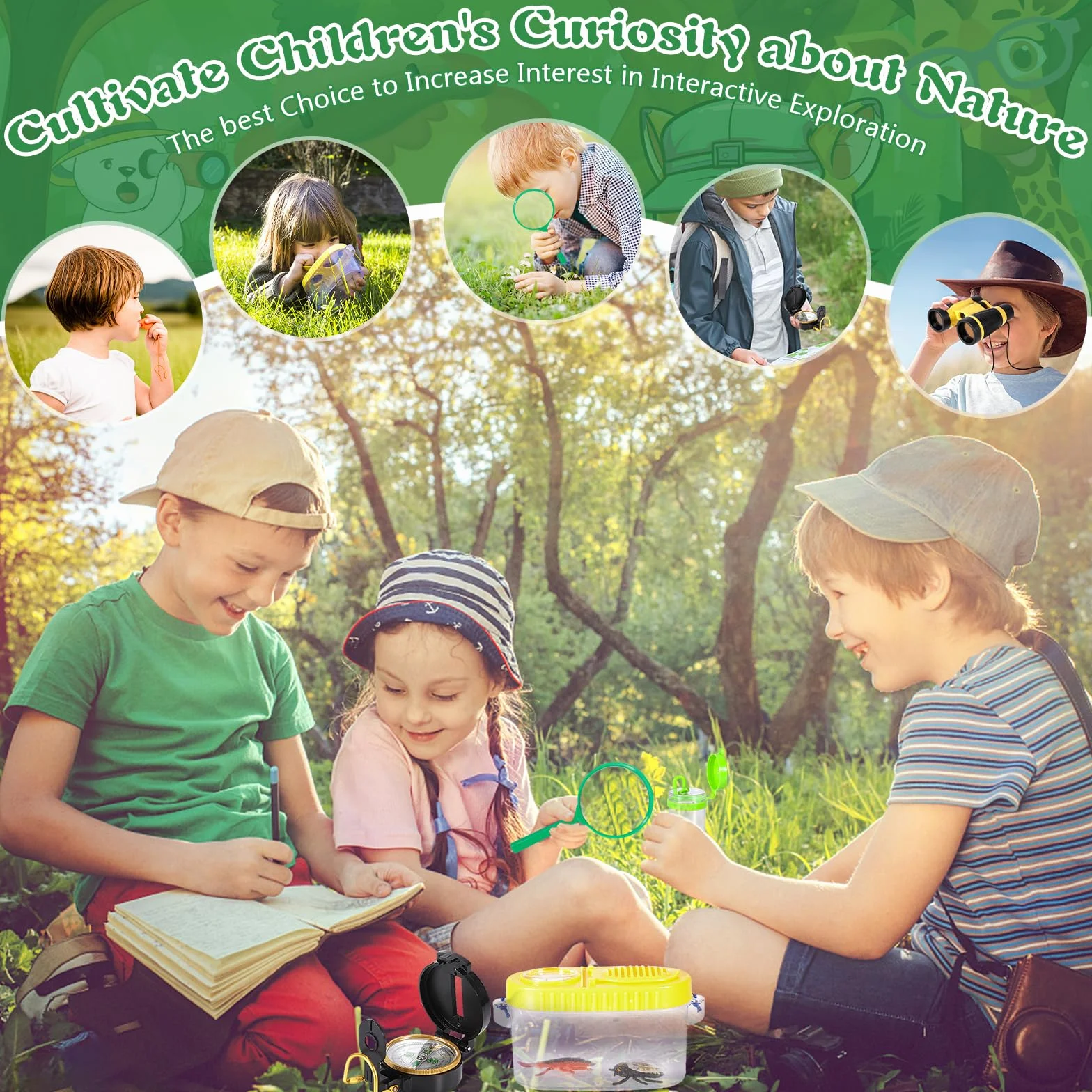Kit d'exploration pour Enfants, Ensemble Explorateur Extérieur avec Jumelles, Gilet Safari, Chapeau et Loupe