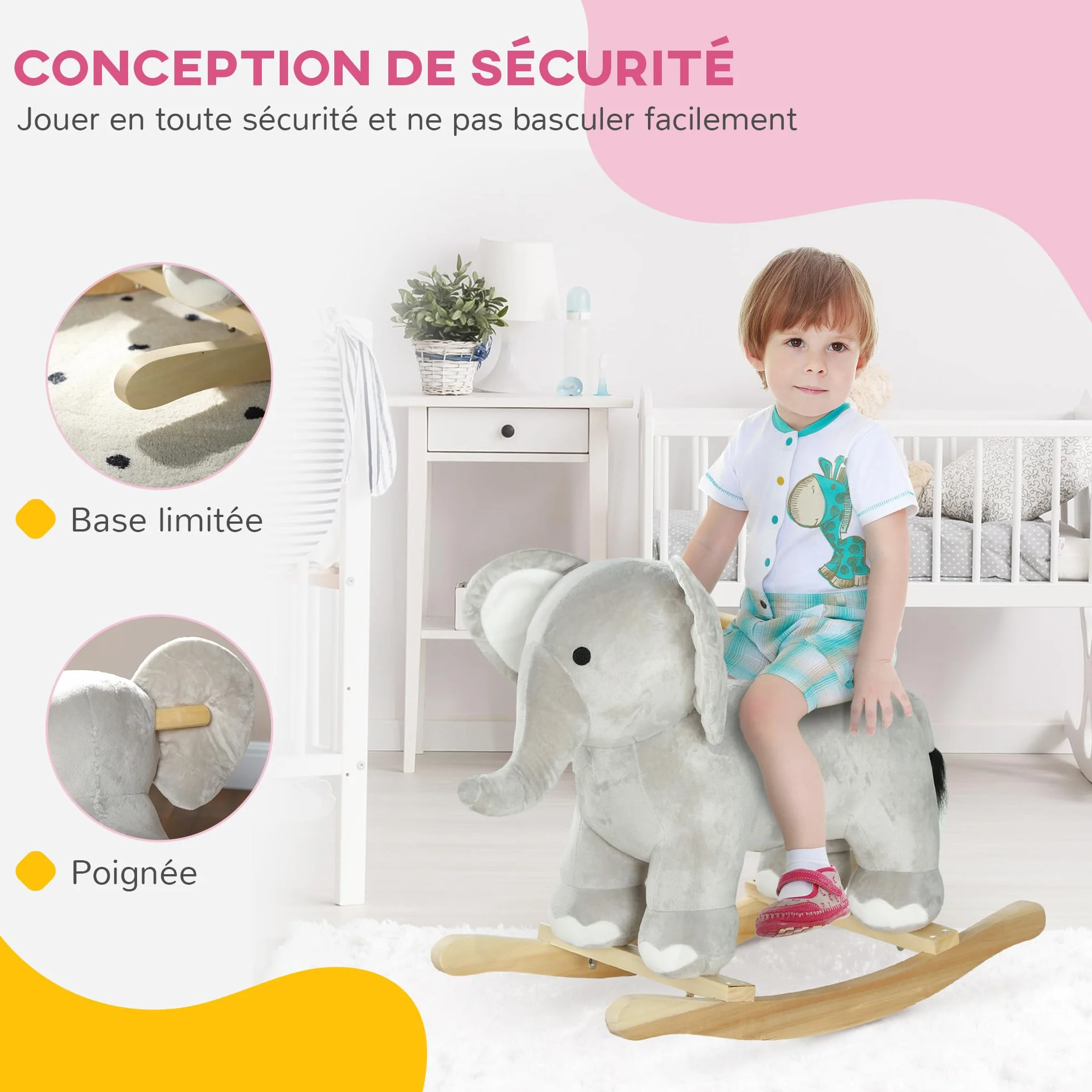 AIYAPLAY Cheval à Bascule pour Enfant, Jouet à Bascule en Peluche Éléphant avec Effets Sonores, 64,5x31x52 cm, Gris