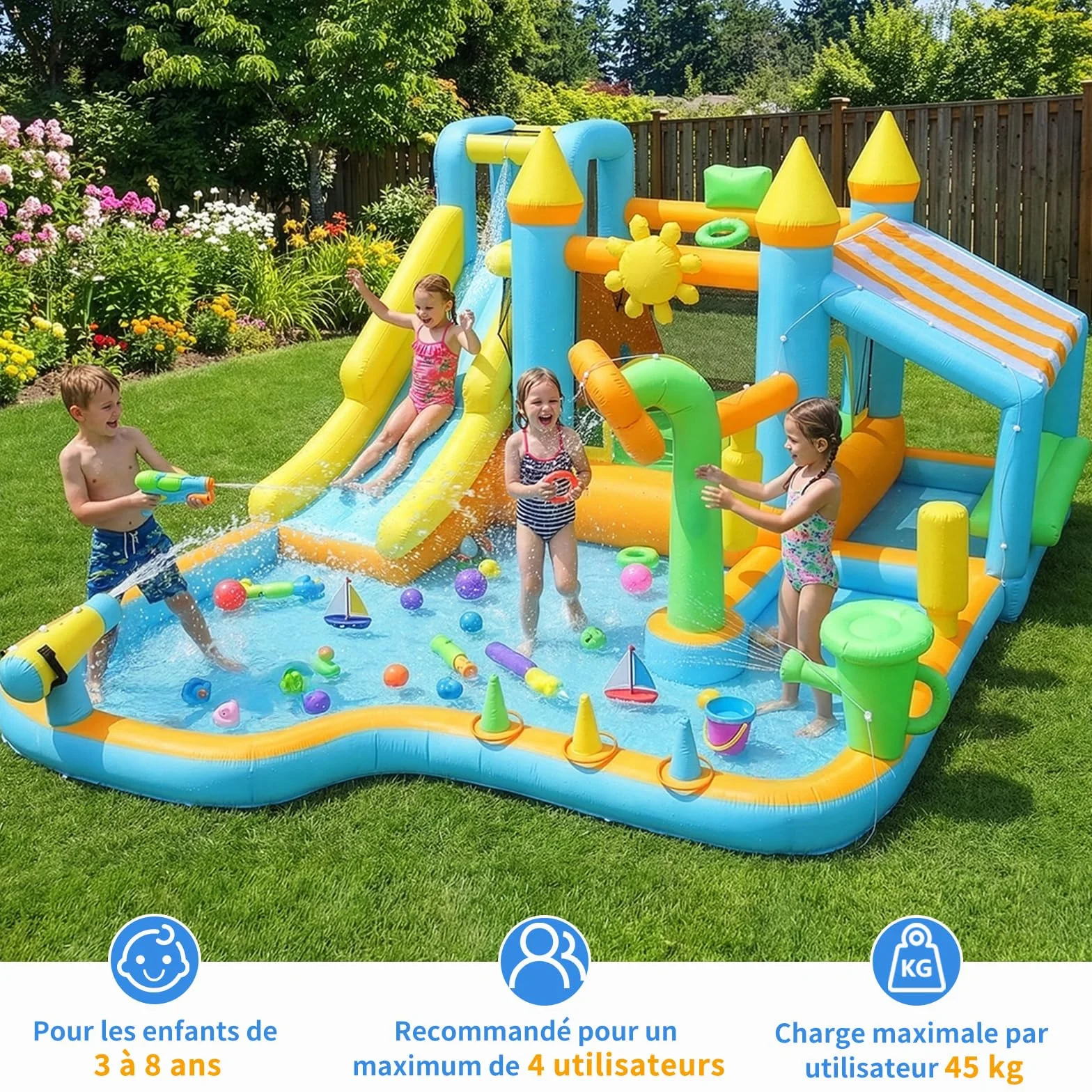 LEADZM Château Gonflable Jardin avec Souffleur, Cabane de Vente, Fleur Gonflable, Pulvérisateur d'eau, Arrosoir, 490 x 385 x 210 cm