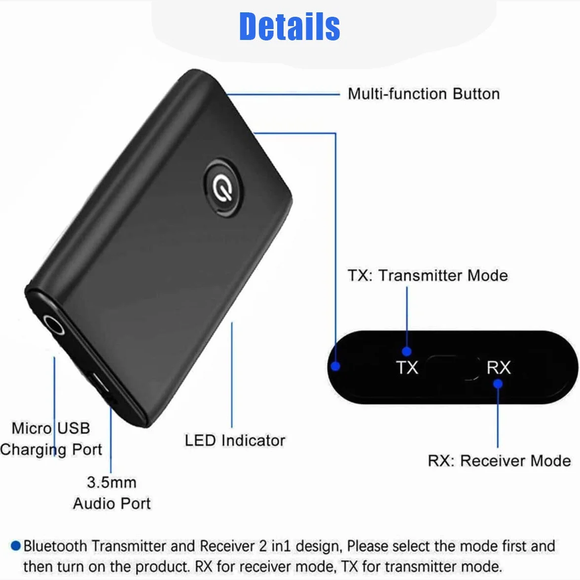 Adaptateur Bluetooth 5.0 2-en-1 Transmetteur Récepteur Audio aptX Sortie Stéréo 3.5mm pour TV PC Ordinateur
