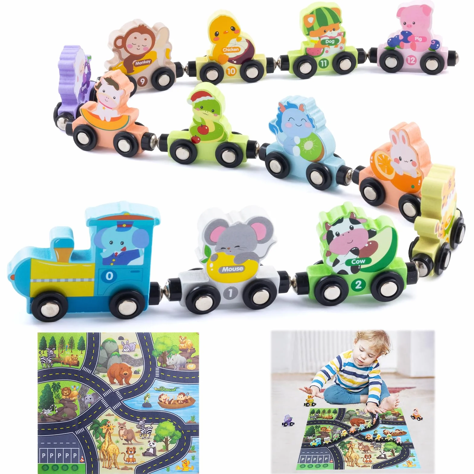 Train d'animaux magnétiques en bois Montessori lot de 13 jouet éducatif 1 2 3 ans