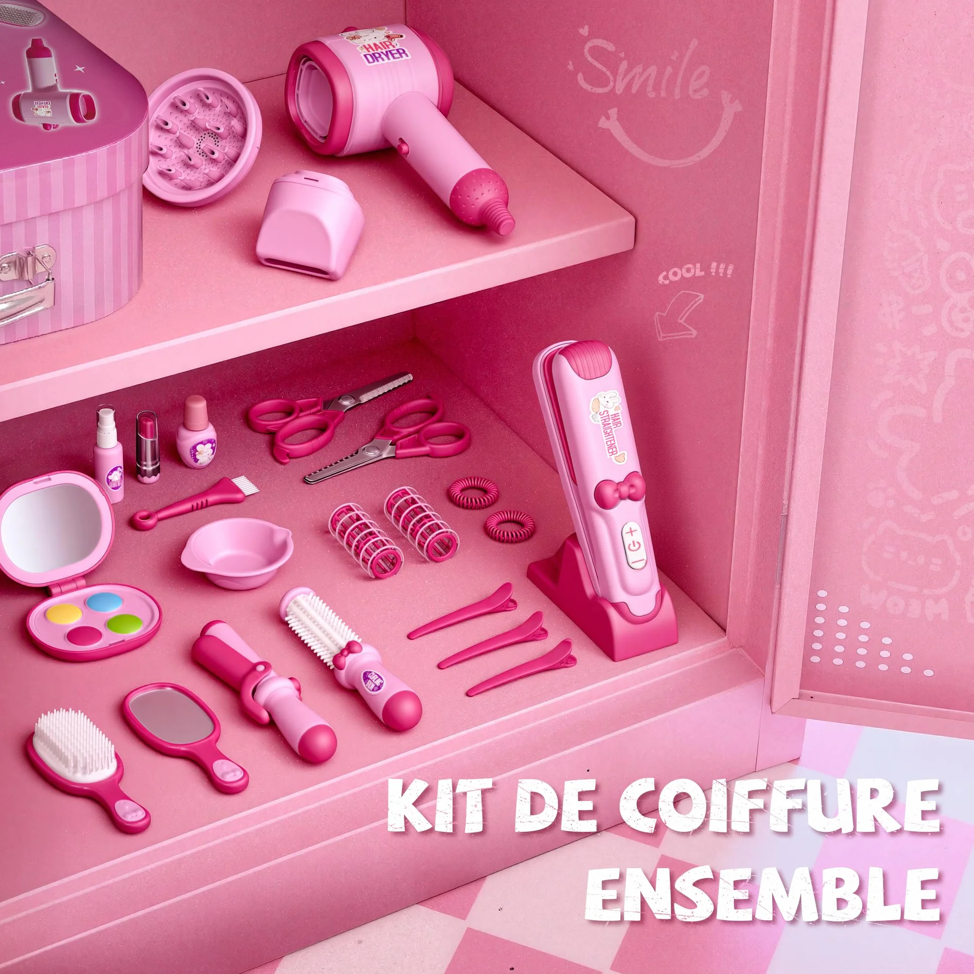 Kit de Salon de Coiffure pour Filles, 28 Pièces Jouets avec Son et Lumières, Jeu de Rôle 3-8 Ans